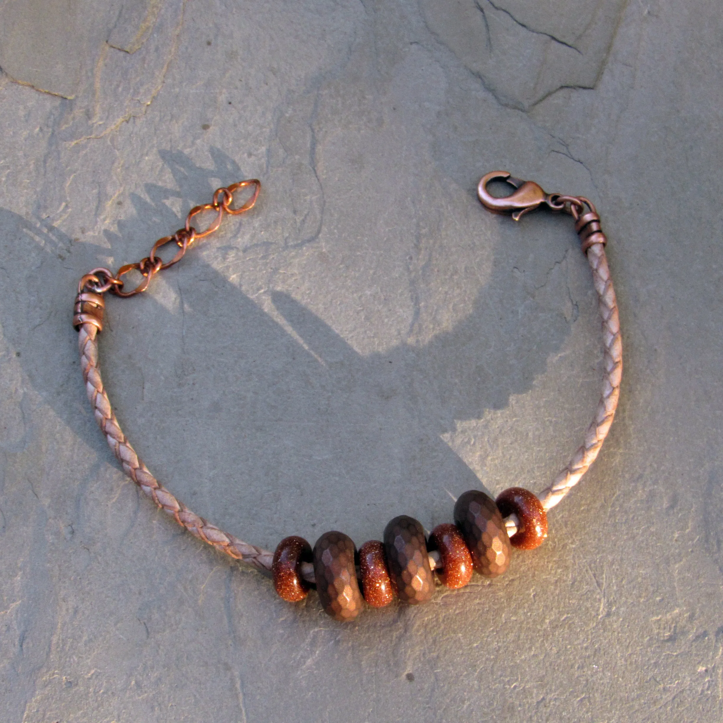 Men’s Copper, Hematite, Goldstone gemstones on genuine Leather clasp bracelet