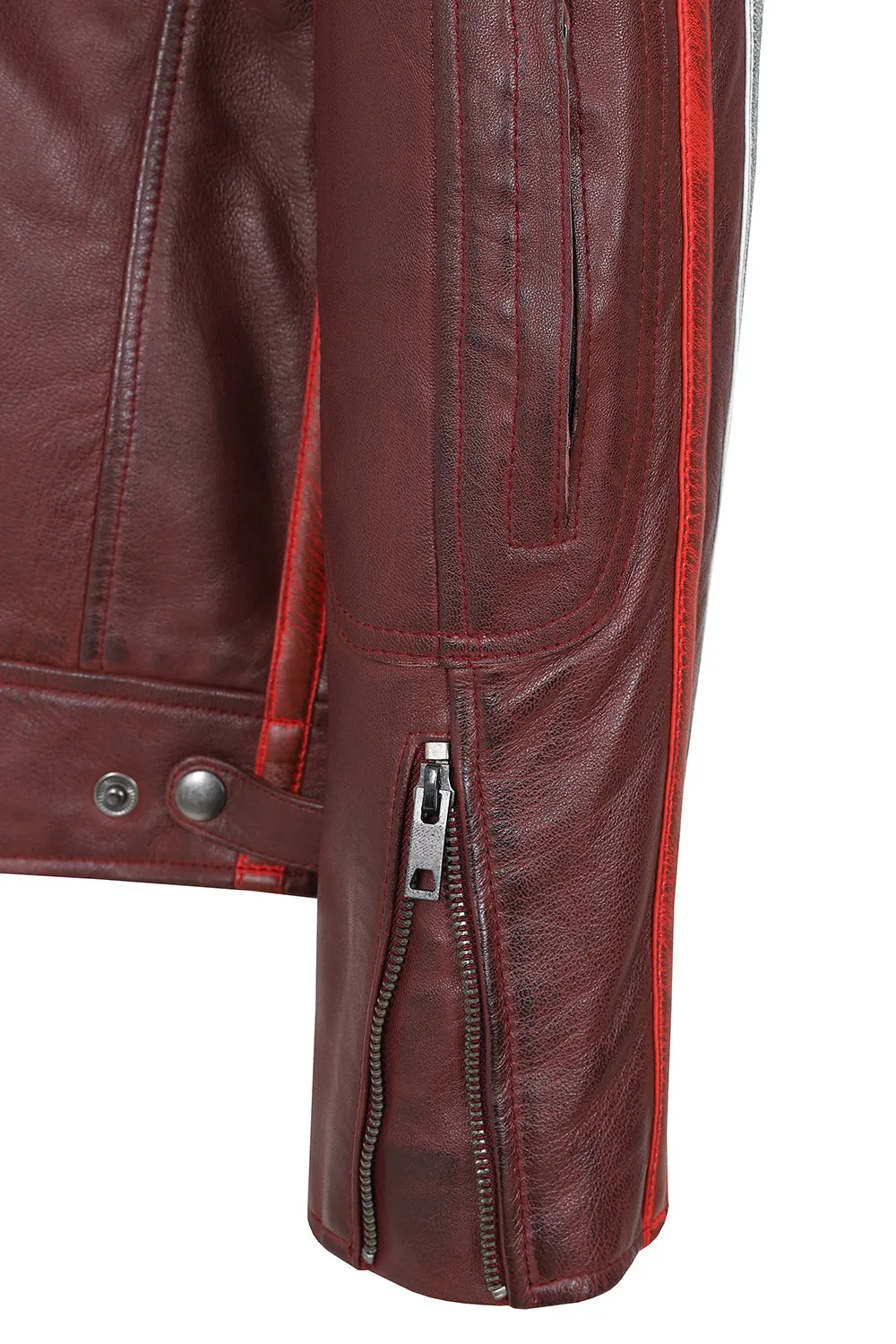 Men's Genuine Burgundy Leather Racing Jacket - Make a Statement - 'FRANK'