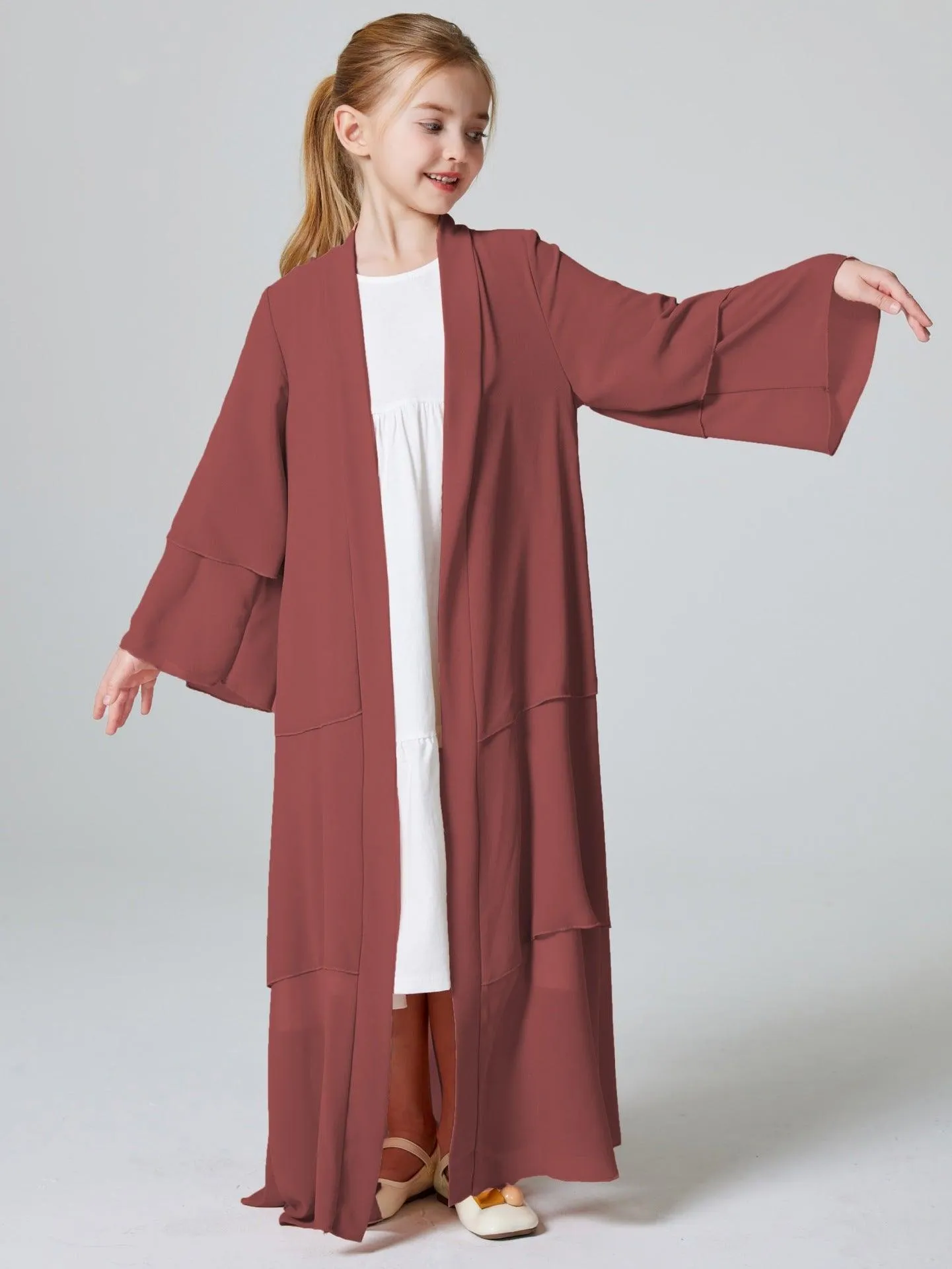 MKG009 Girls Plain 3-Layered Chiffon Open Abaya