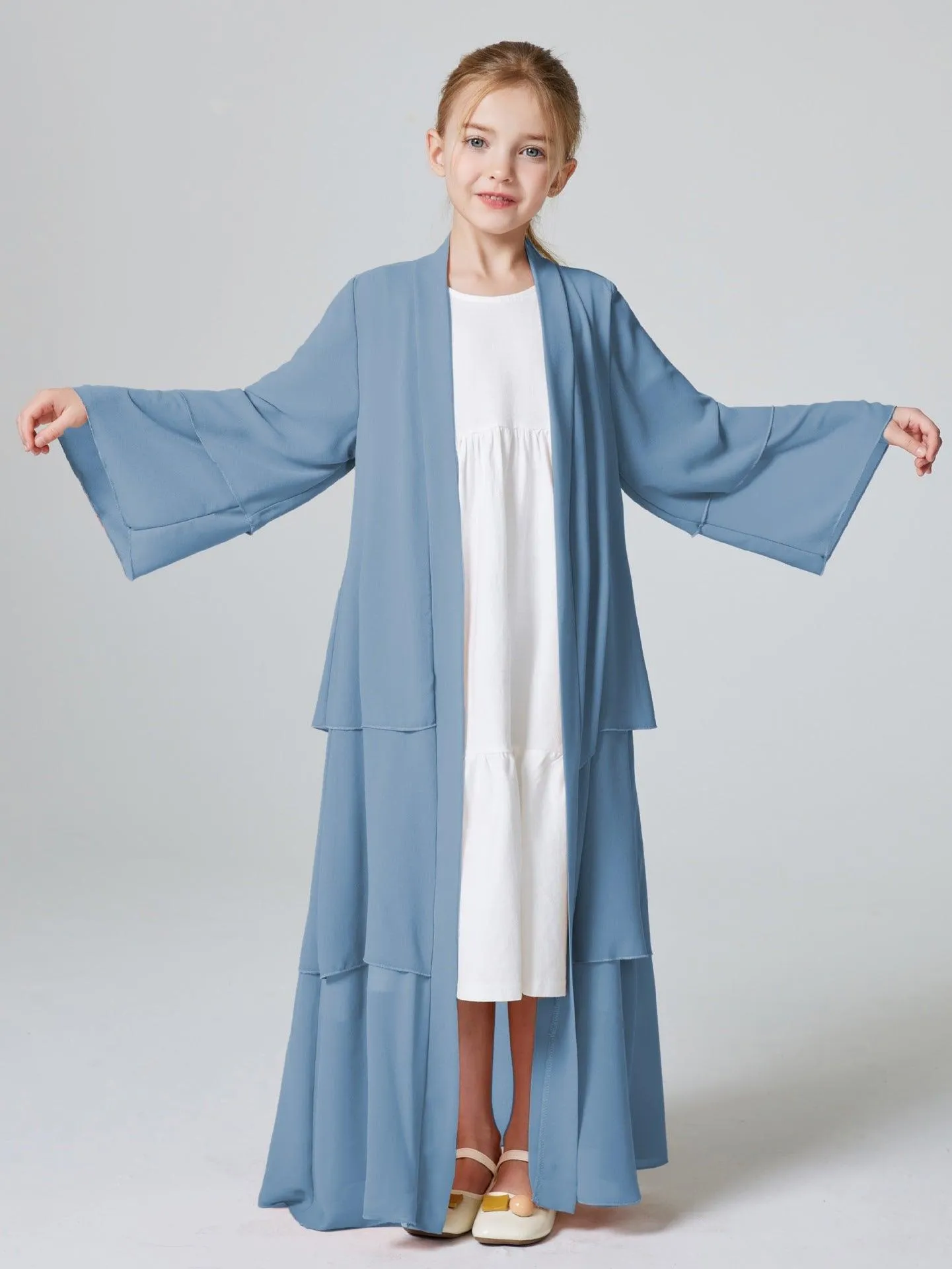 MKG009 Girls Plain 3-Layered Chiffon Open Abaya