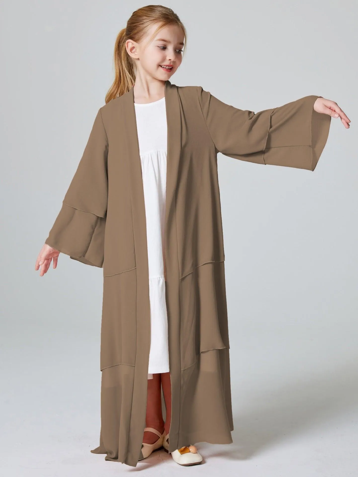 MKG009 Girls Plain 3-Layered Chiffon Open Abaya