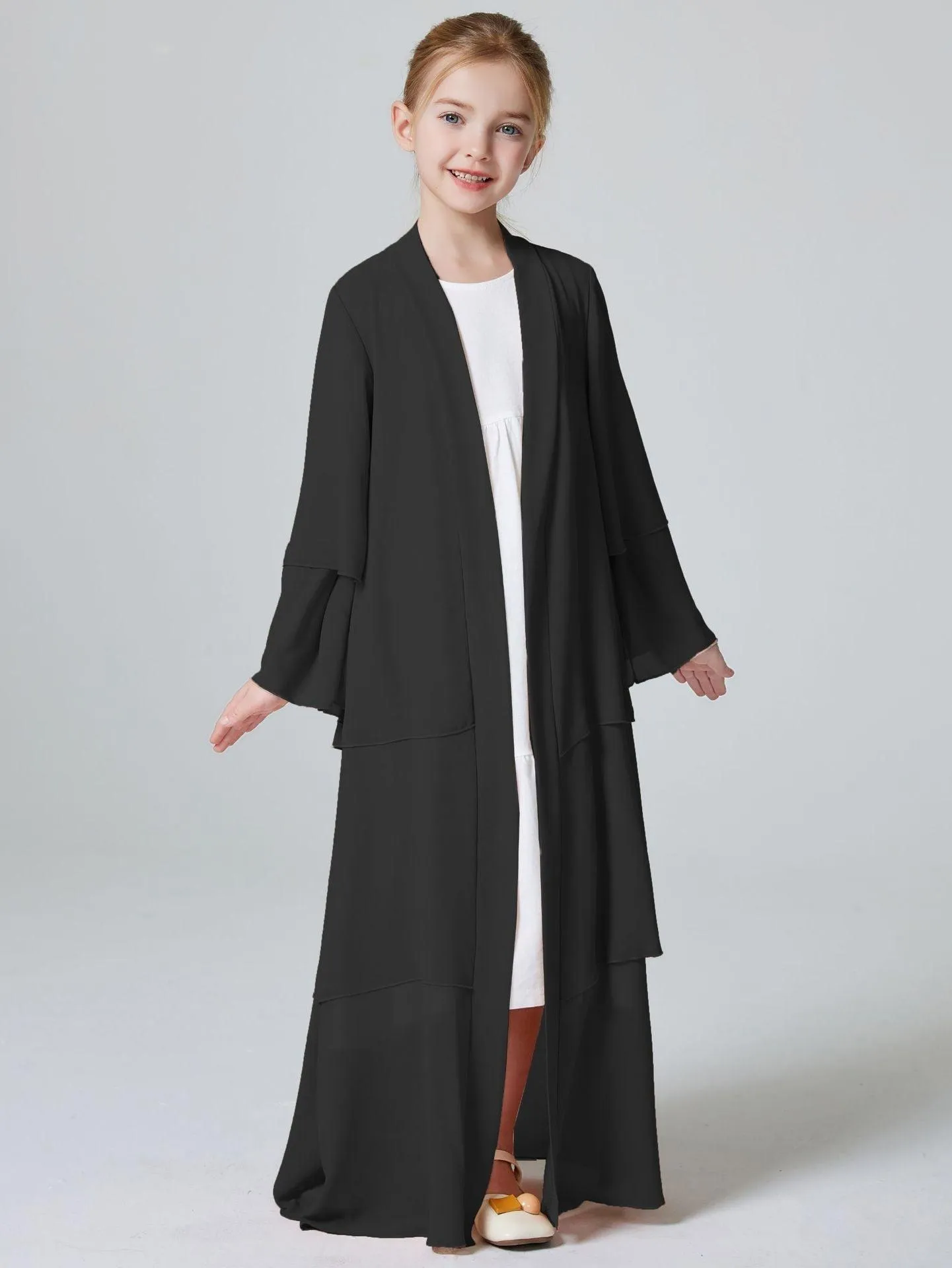 MKG009 Girls Plain 3-Layered Chiffon Open Abaya