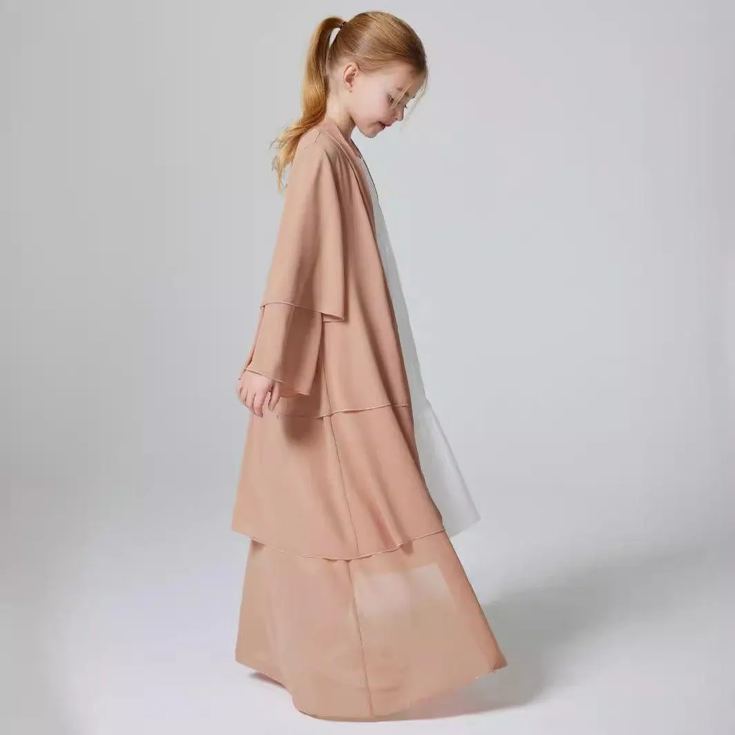 MKG009 Girls Plain 3-Layered Chiffon Open Abaya