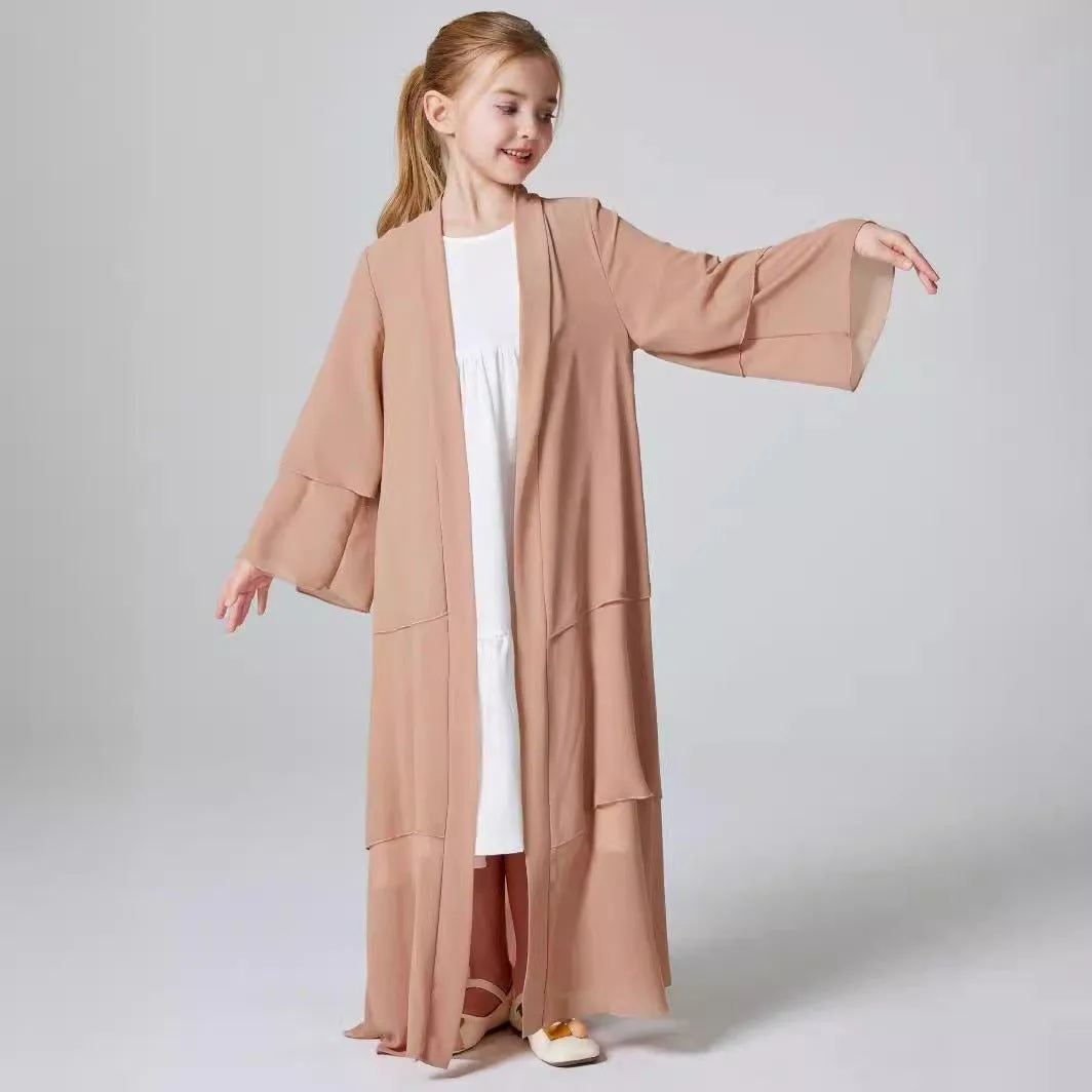 MKG009 Girls Plain 3-Layered Chiffon Open Abaya