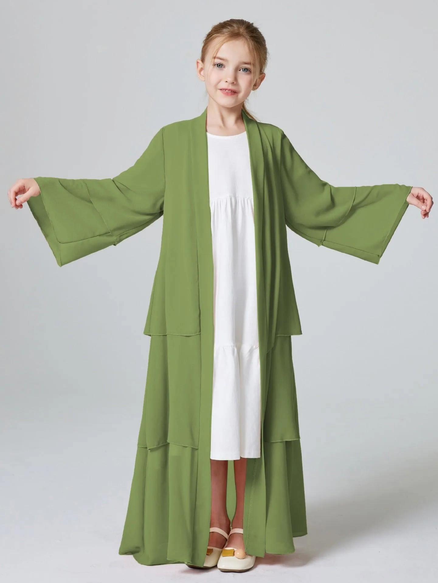 MKG009 Girls Plain 3-Layered Chiffon Open Abaya