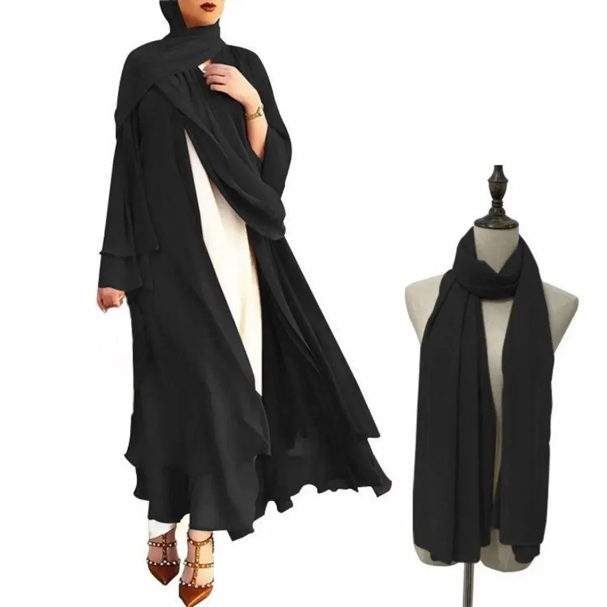 MOA002 Plain Double Layered Chiffon Open Abaya