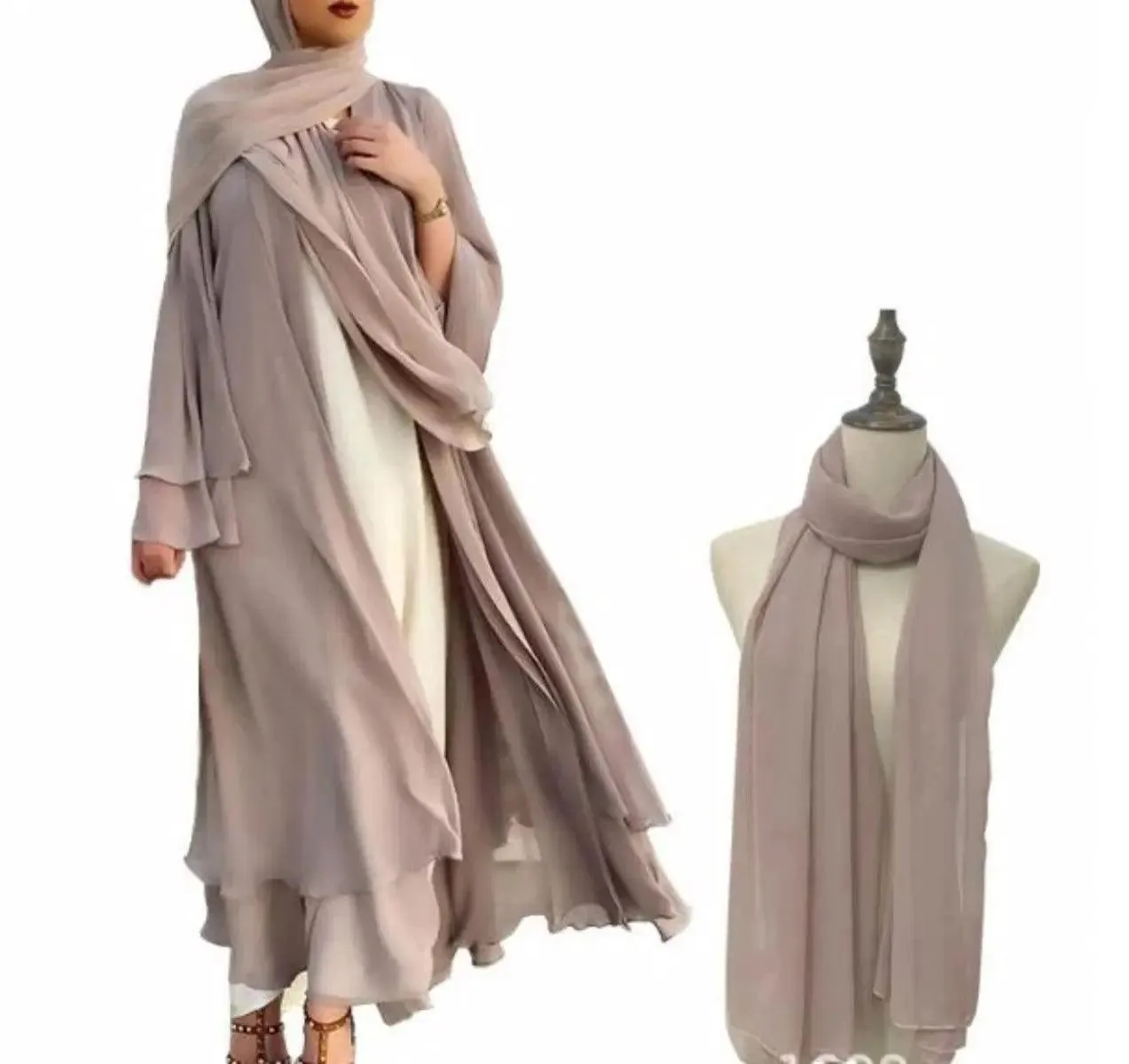 MOA002 Plain Double Layered Chiffon Open Abaya