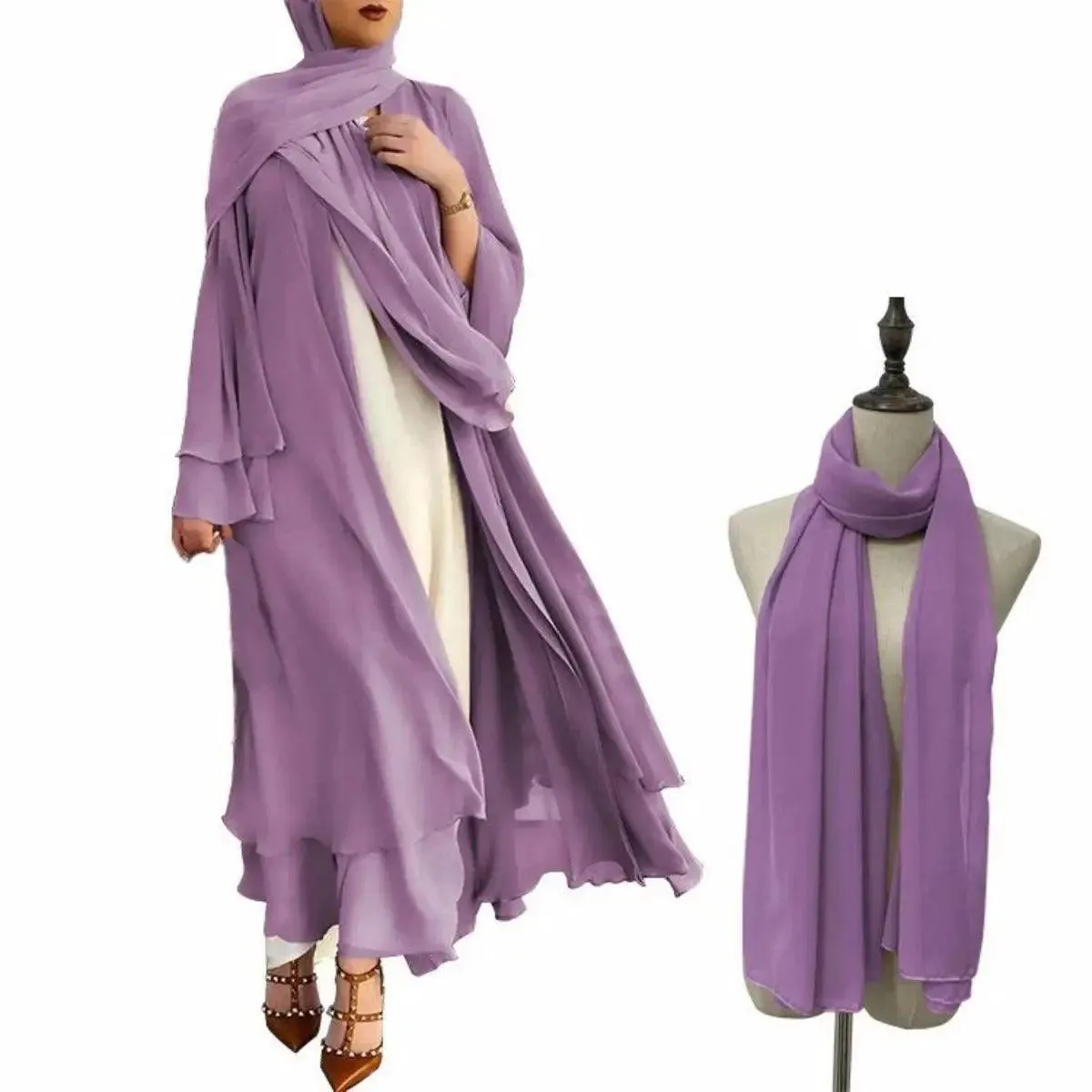 MOA002 Plain Double Layered Chiffon Open Abaya