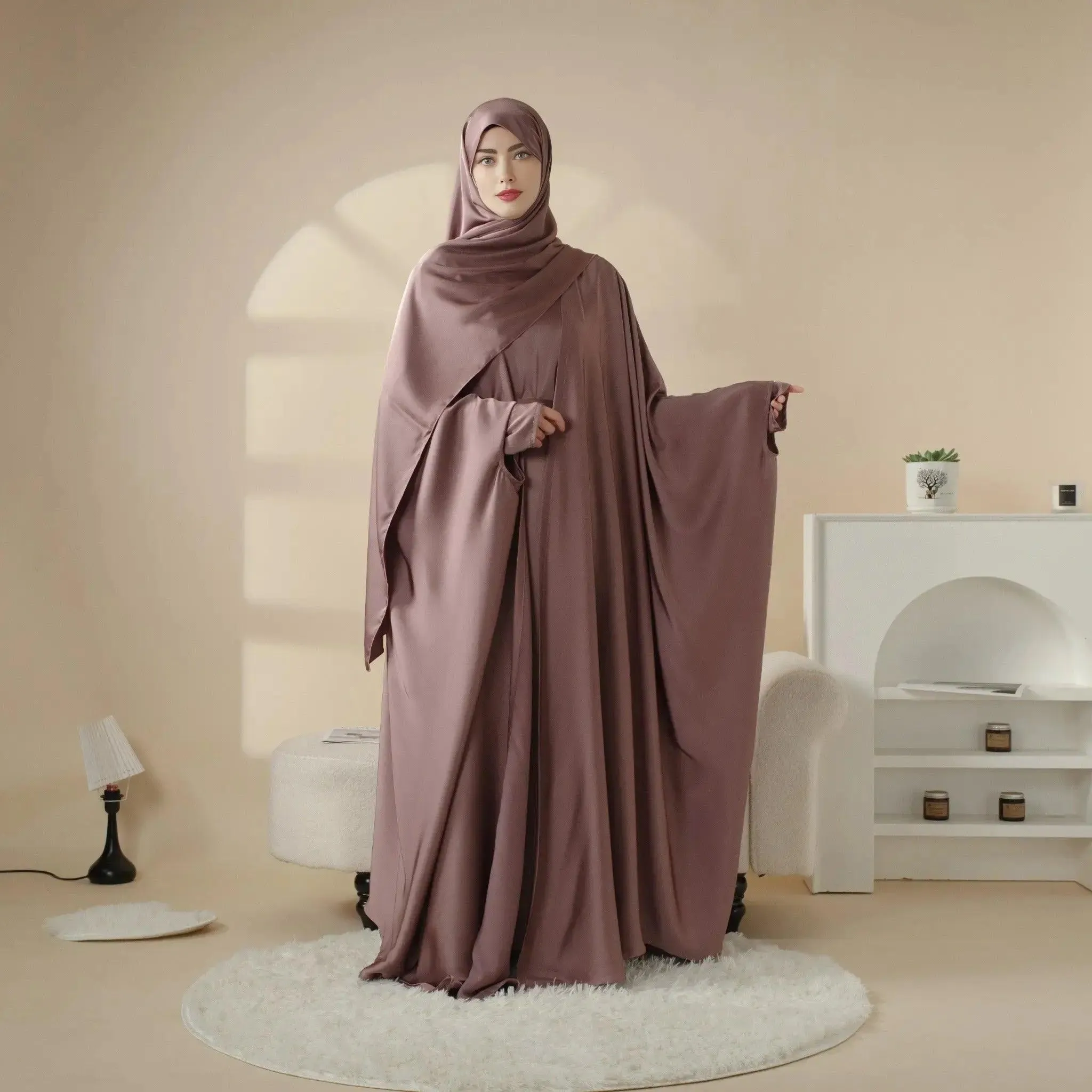 MOA019 Loose Full Cover Satin Abaya Set 5-piece with Niqab