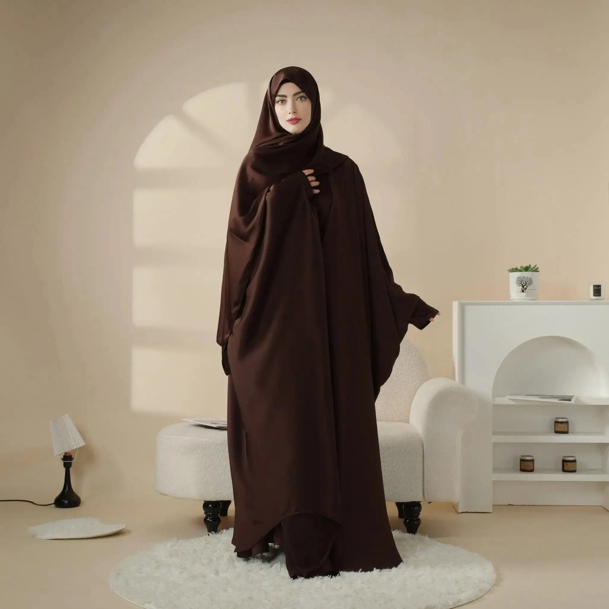 MOA019 Loose Full Cover Satin Abaya Set 5-piece with Niqab