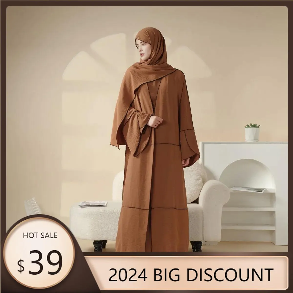 MOA030 Crepe Splicing Open Abaya with Hijab 4-piece Set