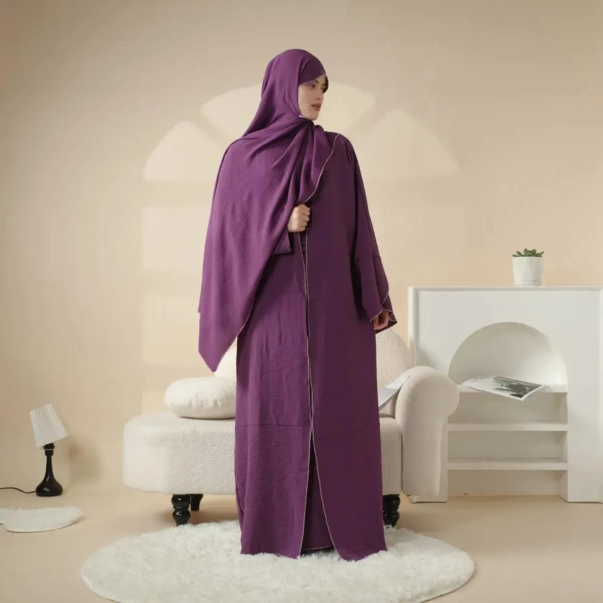 MOA030 Crepe Splicing Open Abaya with Hijab 4-piece Set