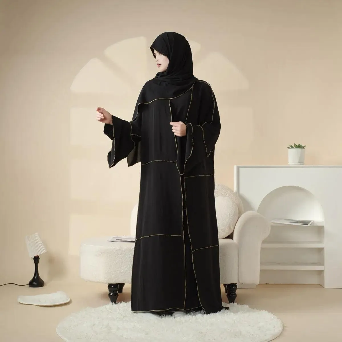 MOA030 Crepe Splicing Open Abaya with Hijab 4-piece Set