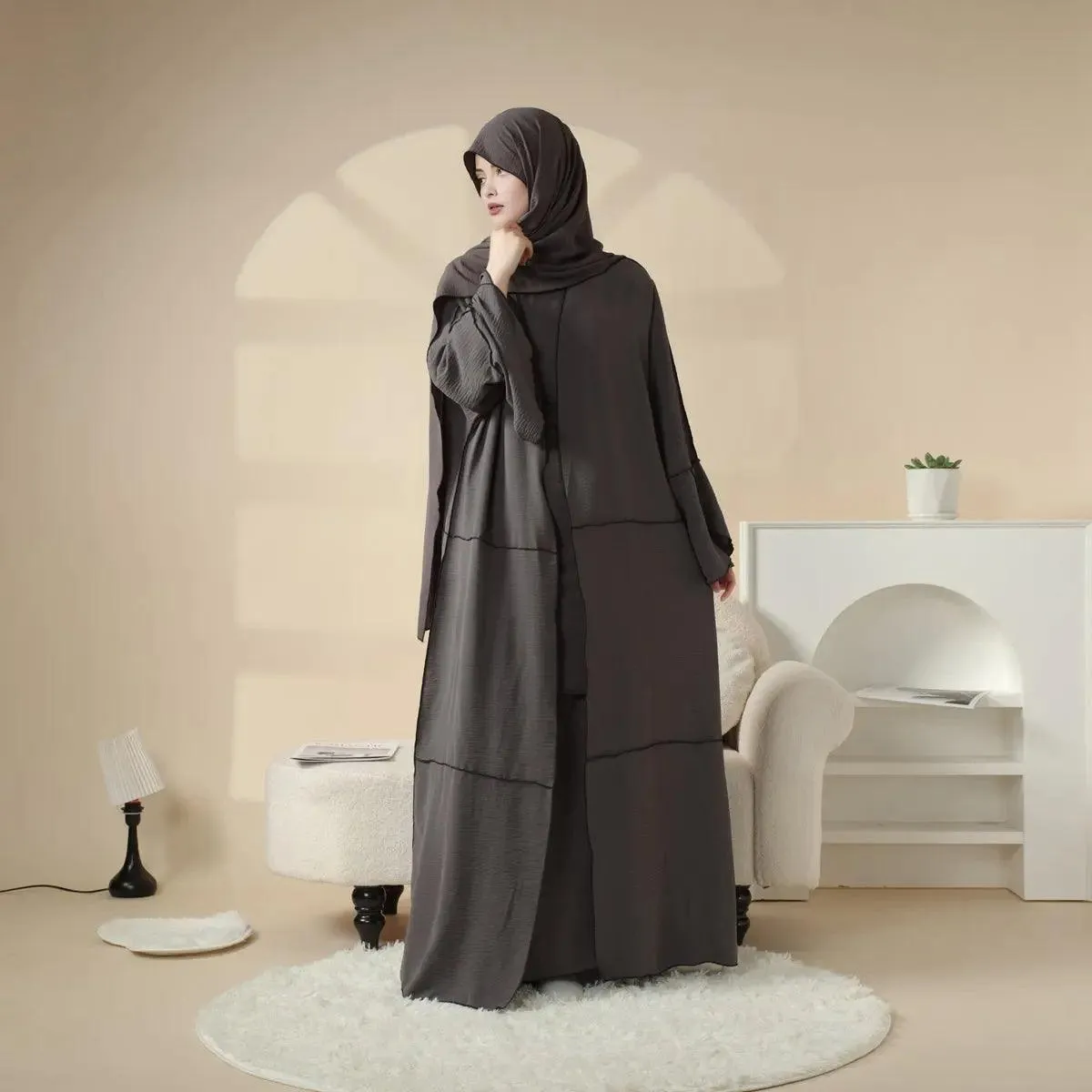 MOA030 Crepe Splicing Open Abaya with Hijab 4-piece Set