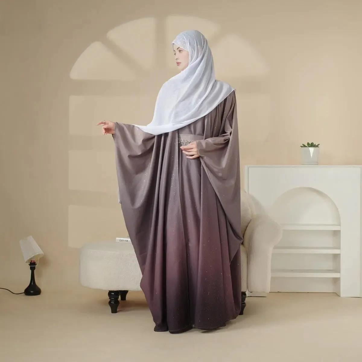 MOA036 Glitter Gradient Polyester Abaya Set 4-Piece