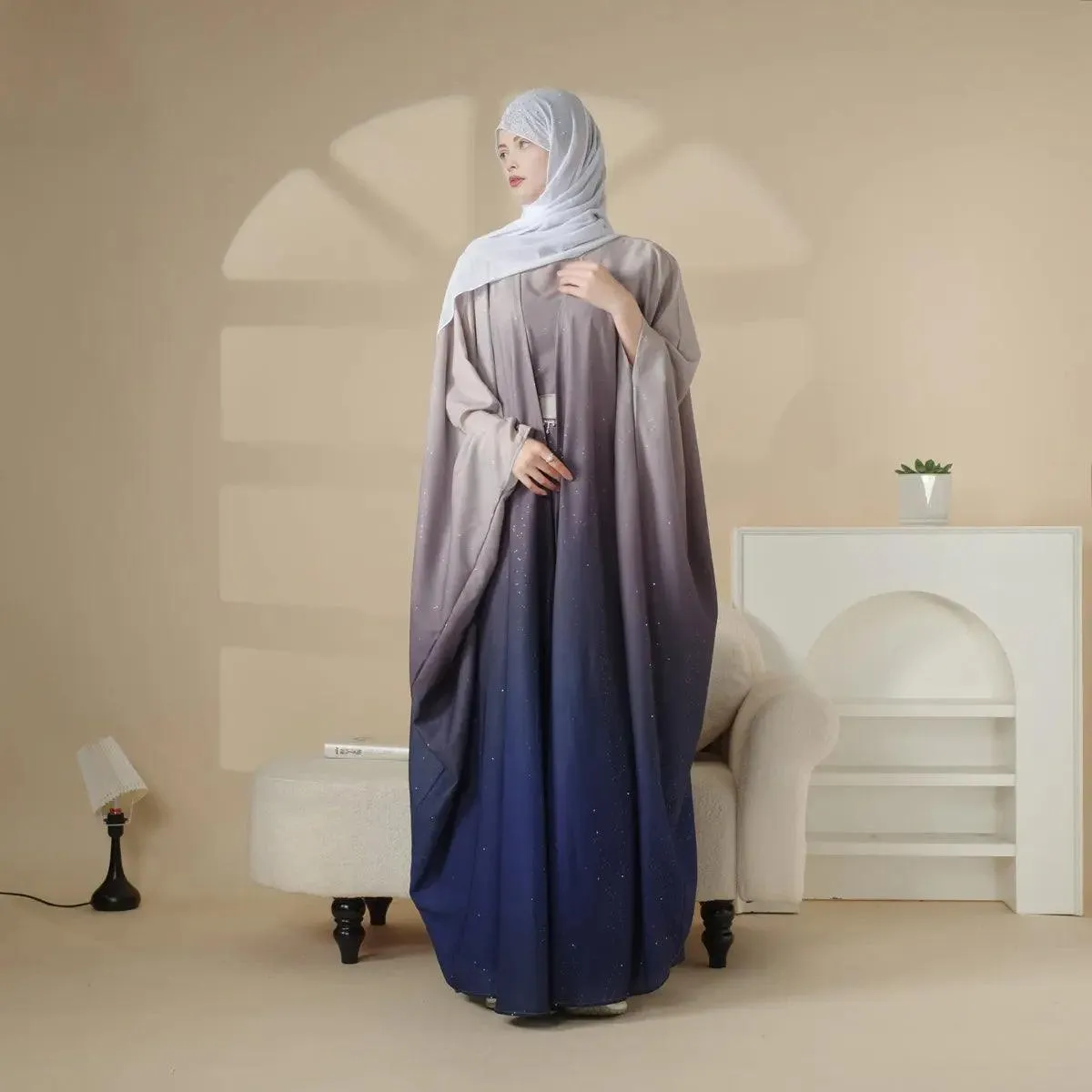 MOA036 Glitter Gradient Polyester Abaya Set 4-Piece