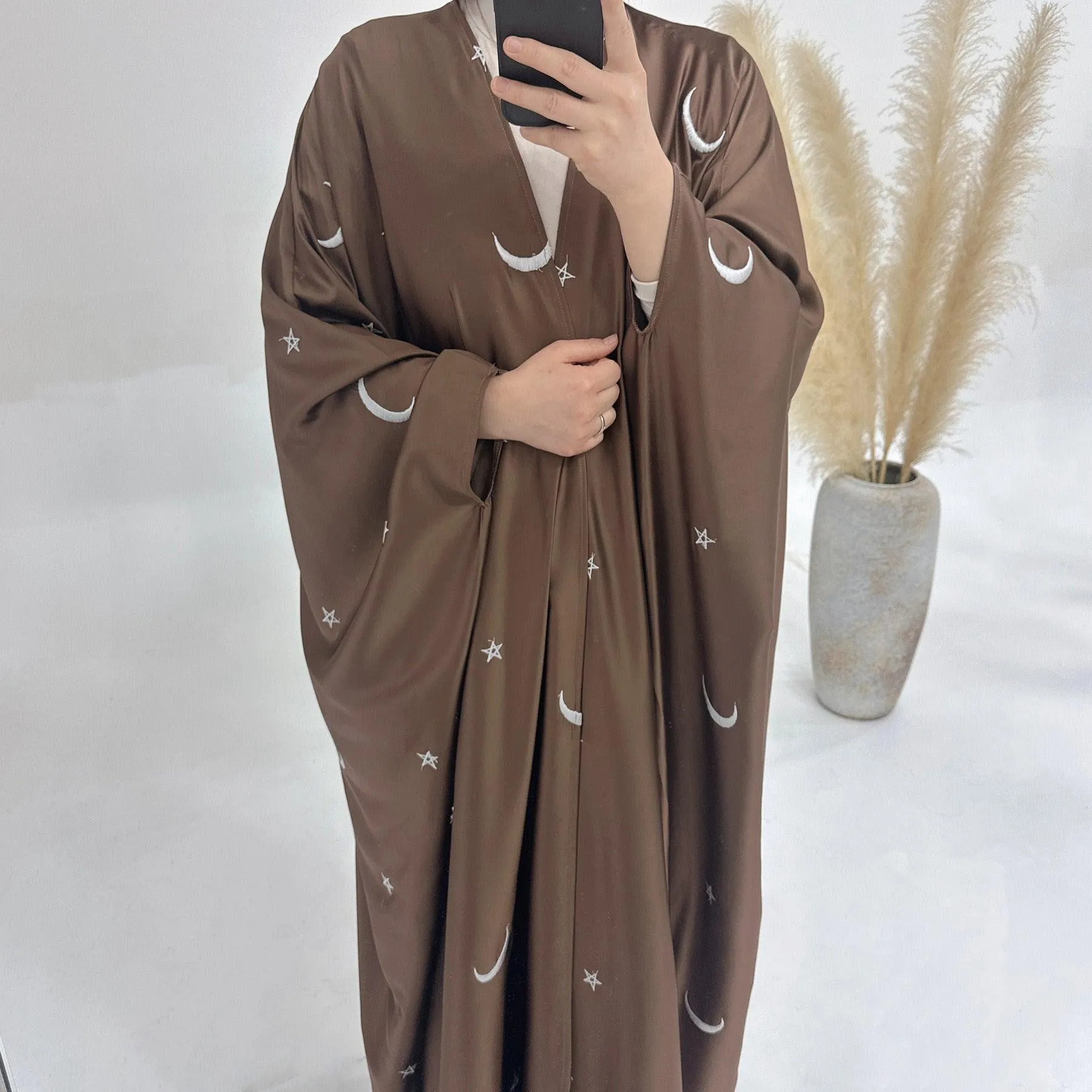 MOA043 Eid Abaya Design Moon and Star Embroidery Open Abaya