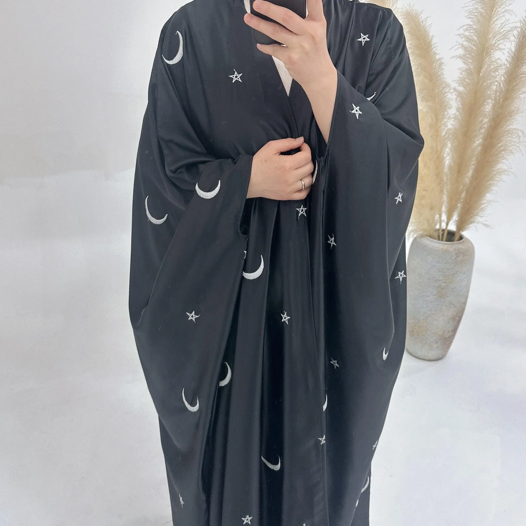 MOA043 Eid Abaya Design Moon and Star Embroidery Open Abaya