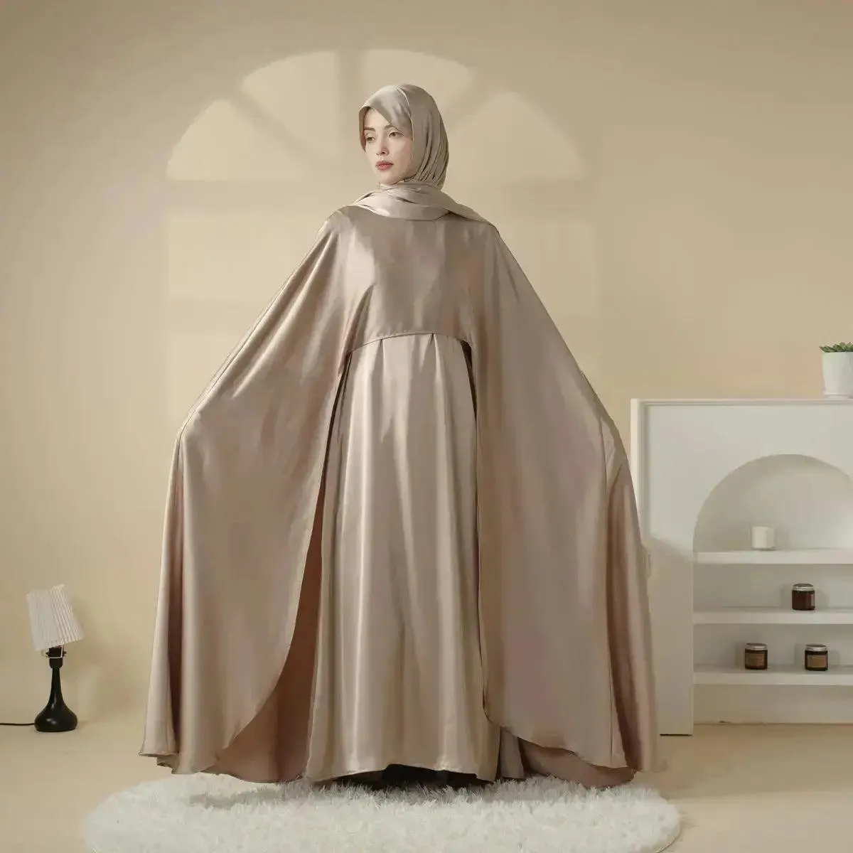 MOA044 Luxury Satin Wedding Cape Jewel Neck Cloak Bridal Abaya 3-Piece Set