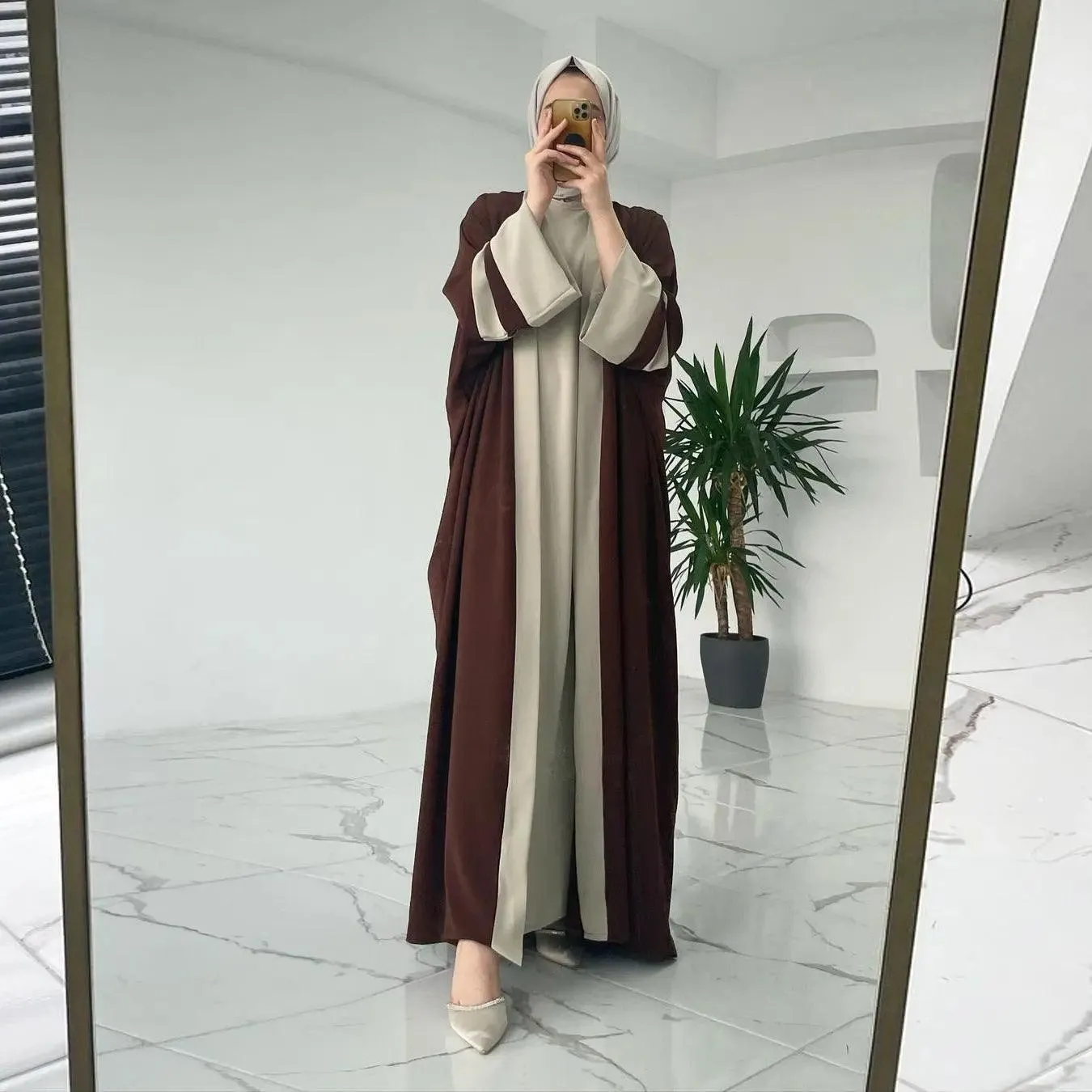 MOA045 Two-Color Splicing Open Abaya 2-Piece Set