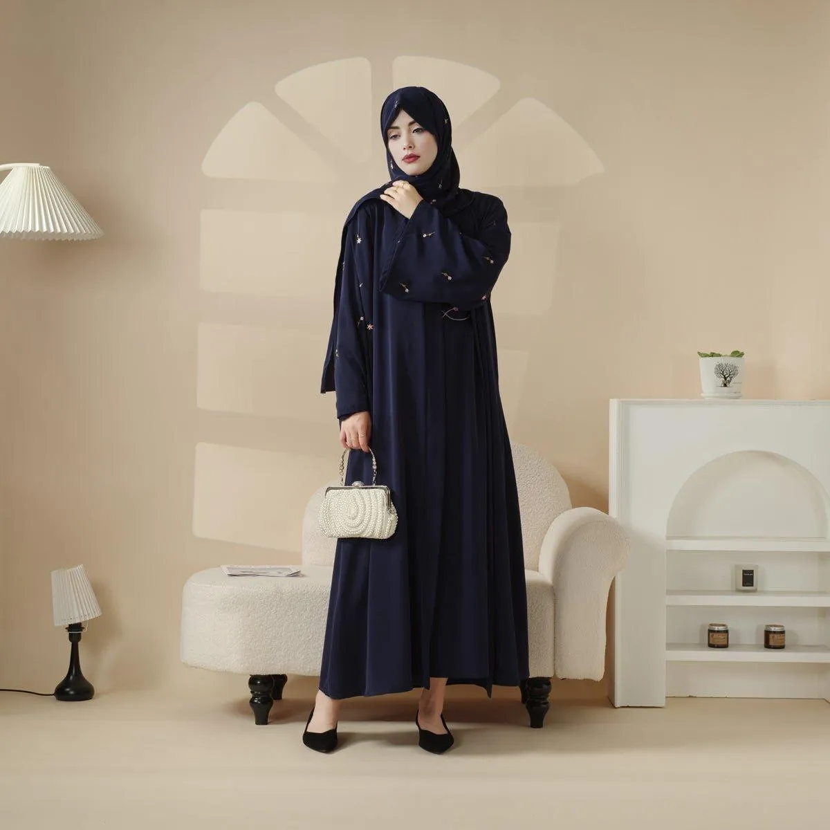 MOA051 Tulip Embroidery Open Abaya 4-Piece Set