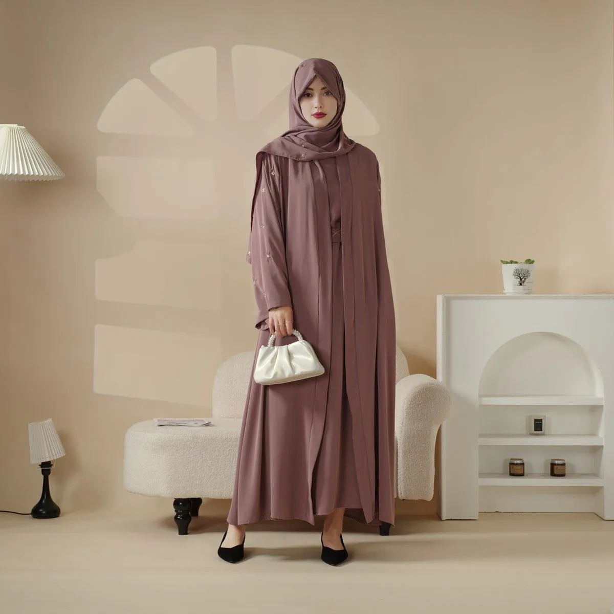 MOA051 Tulip Embroidery Open Abaya 4-Piece Set