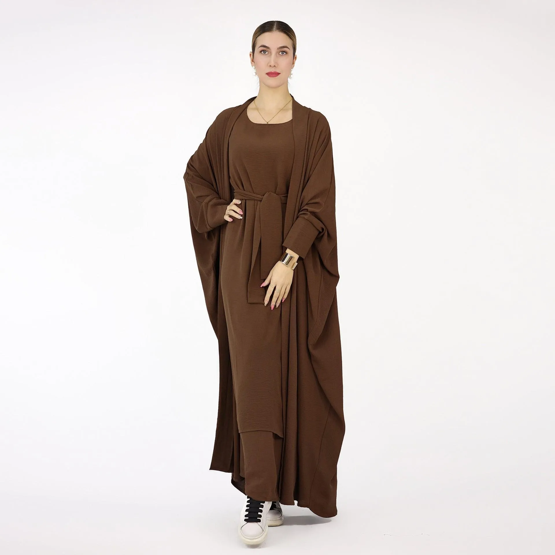 MOA052 Bat Sleeve Abaya Solid Colour Dress 3-Piece Abaya Set