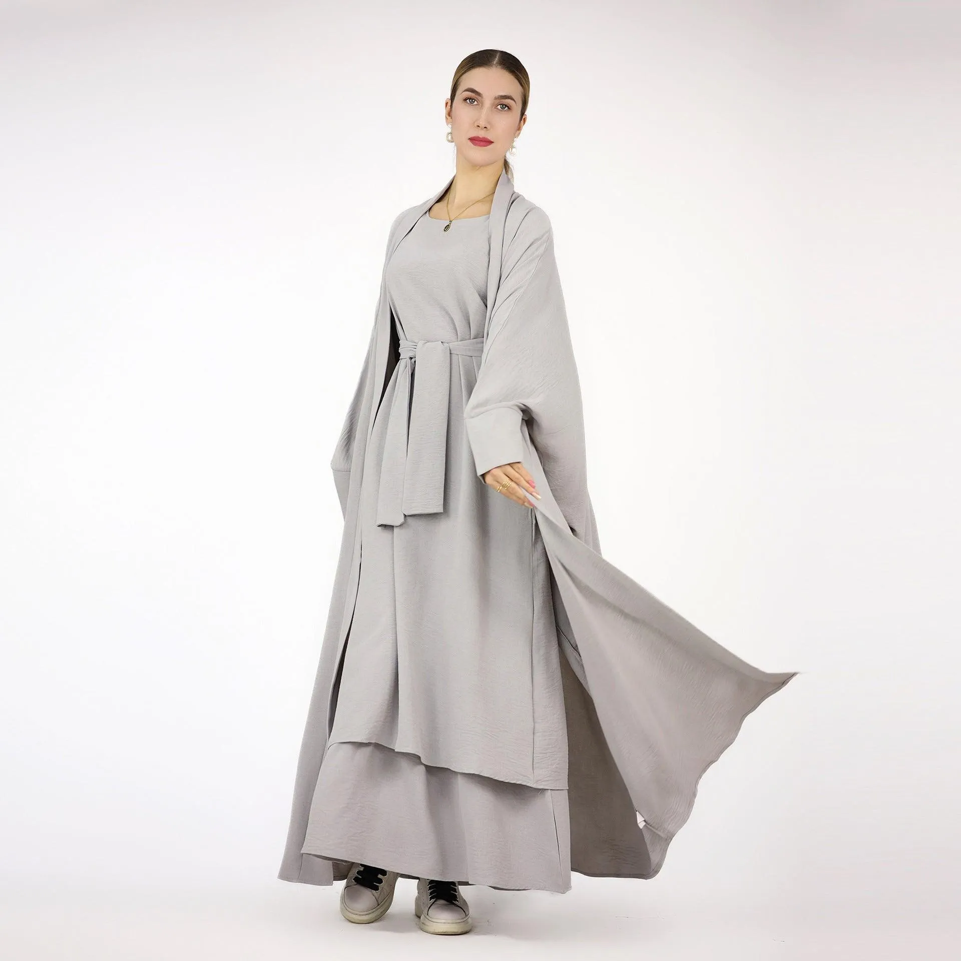 MOA052 Bat Sleeve Abaya Solid Colour Dress 3-Piece Abaya Set