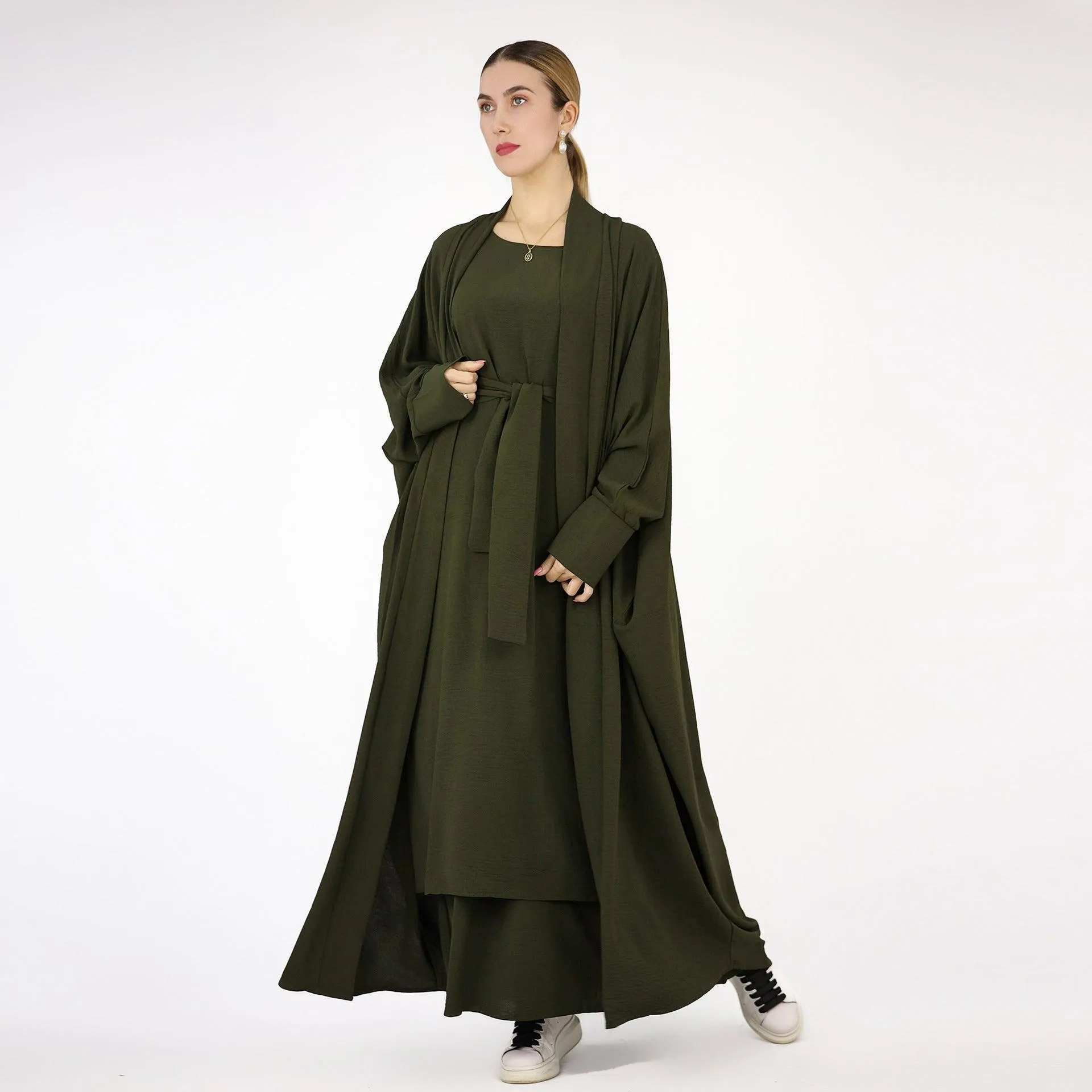 MOA052 Bat Sleeve Abaya Solid Colour Dress 3-Piece Abaya Set