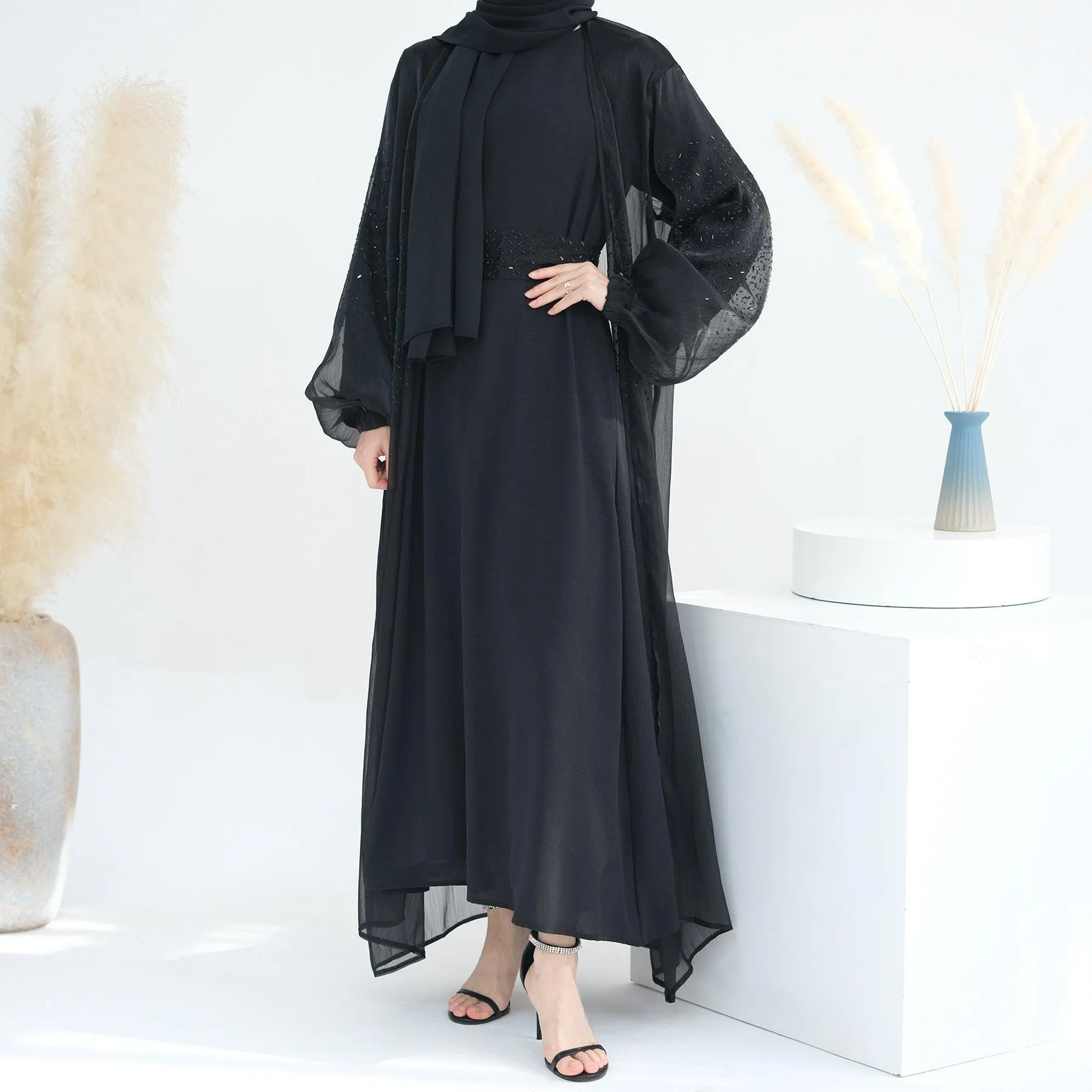 MOA057 Wave Bubble Sleeve Abaya 4-Piece Set