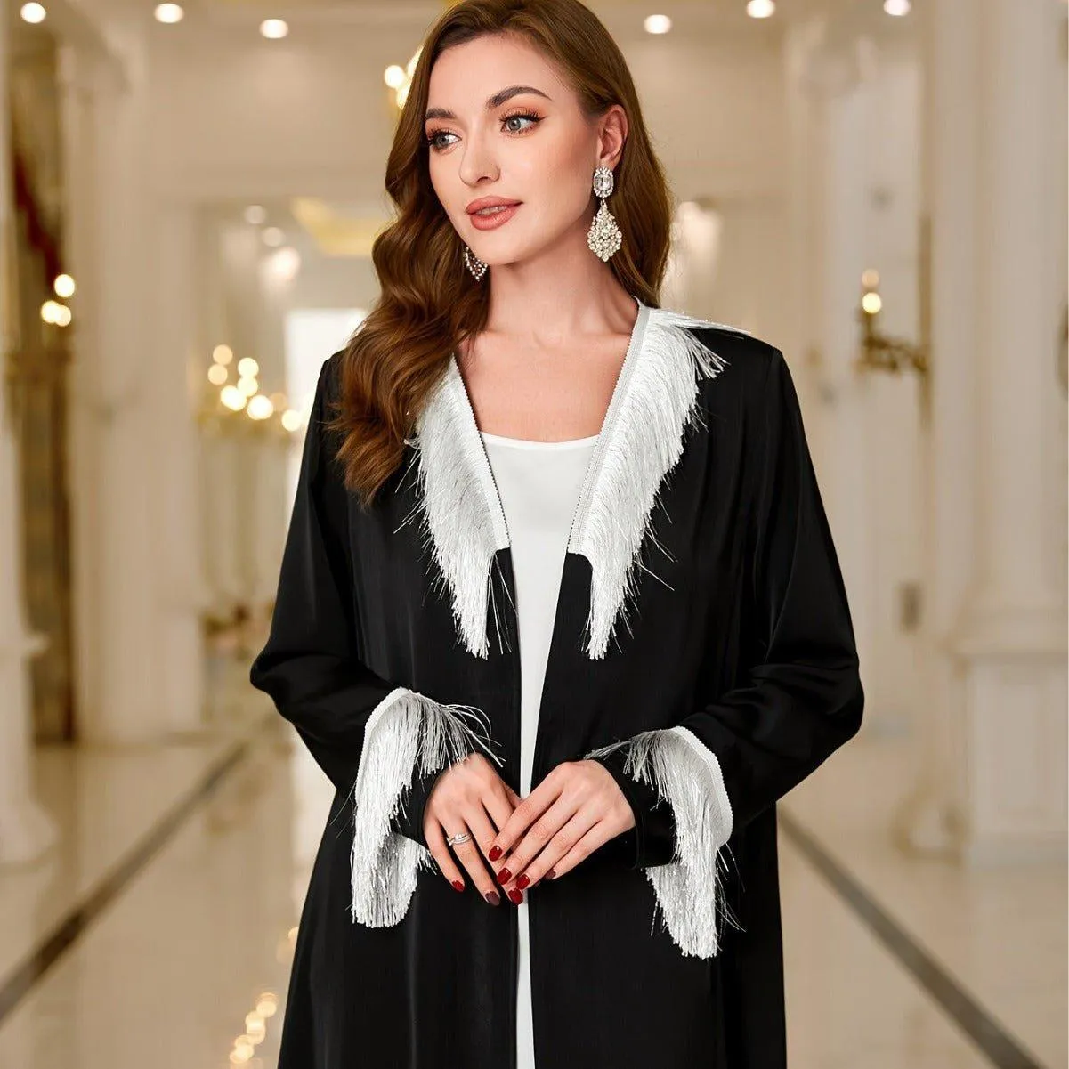 MOA066 Tassel Embroidered Open Abaya