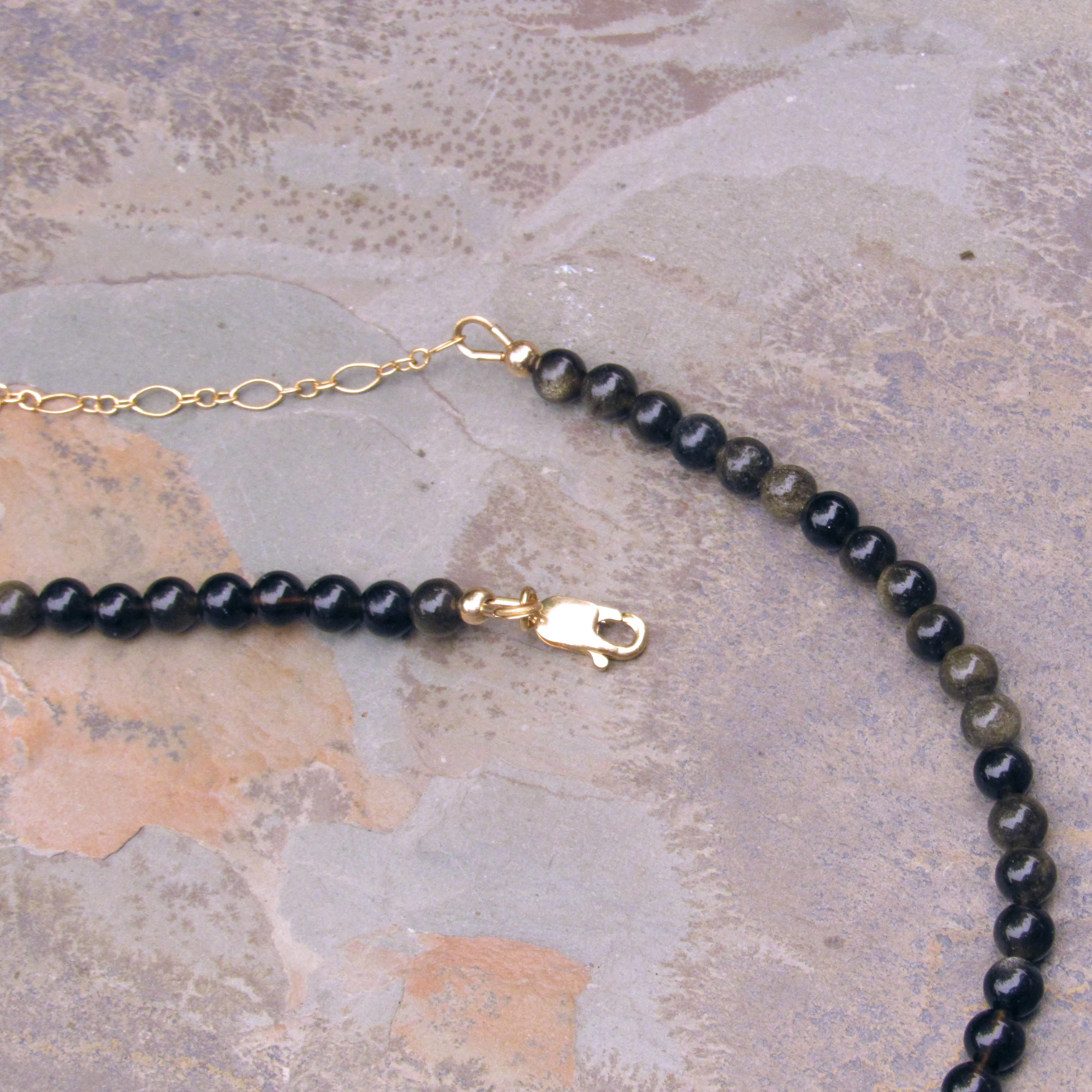 Mother of Pearl moon and Gold Obsidian w/ 14 kt gold fill components