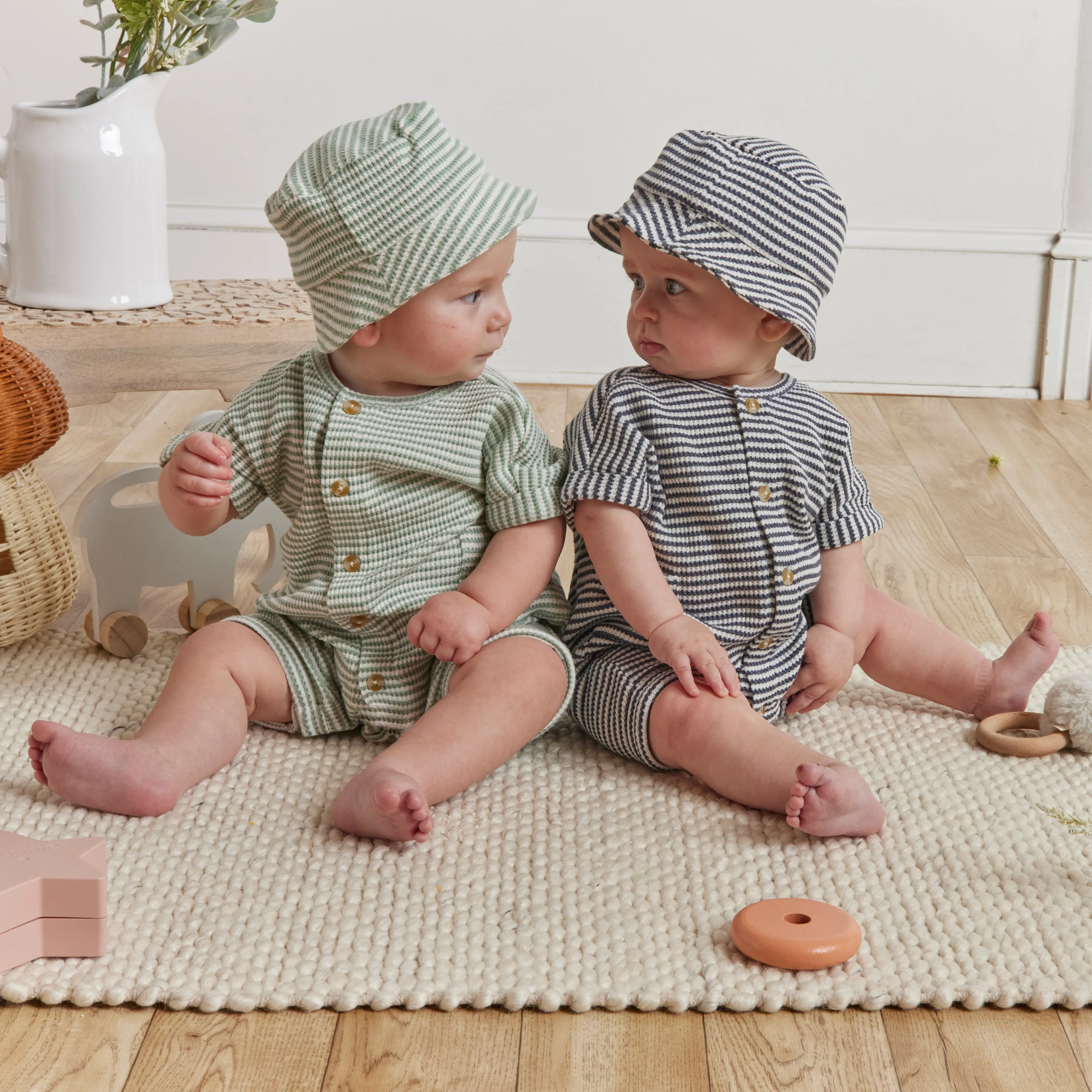 Navy Stripe Waffle Romper & Hat