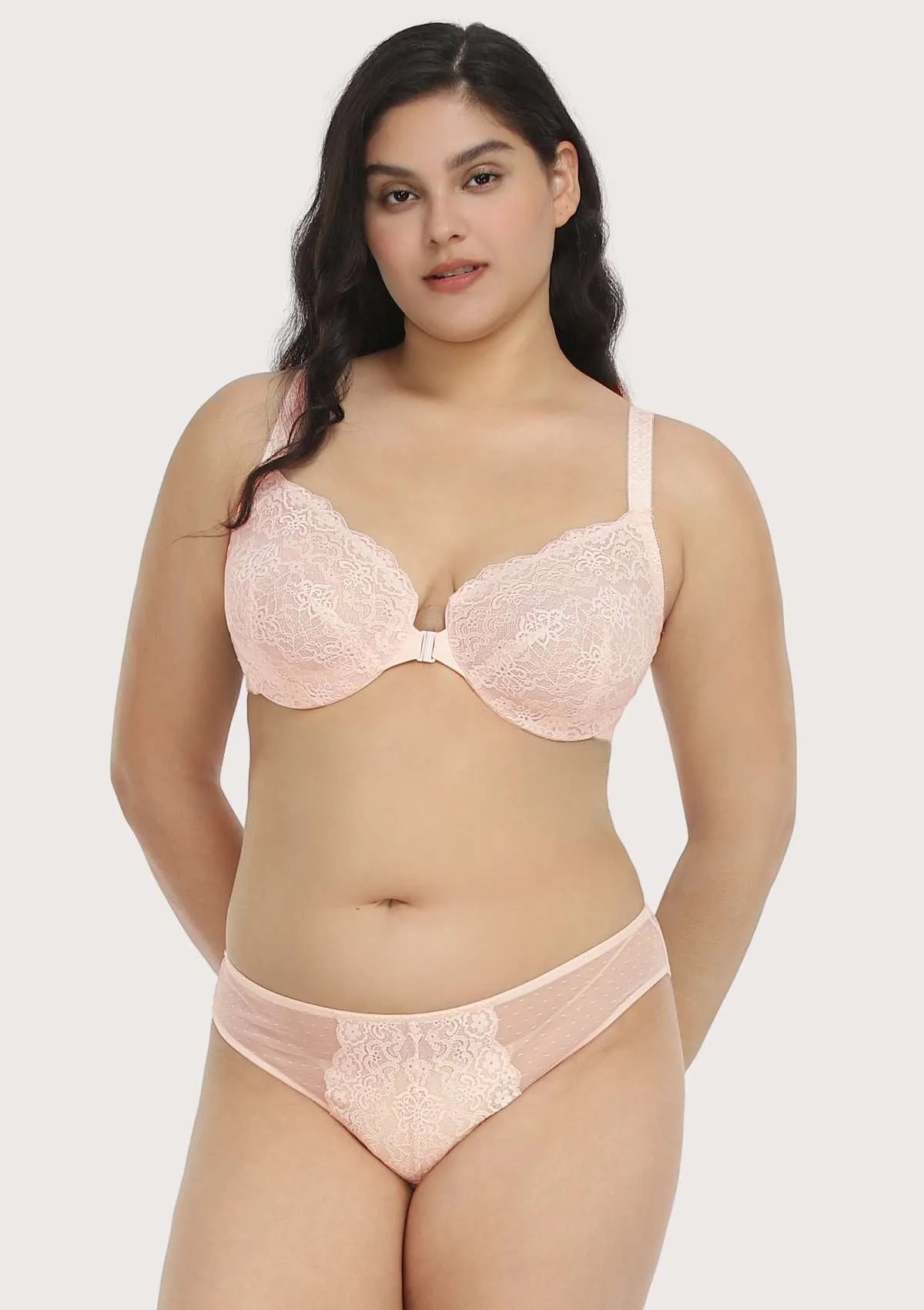 Nymphaea Front-Close  Dusty Peach Lace Unlined Underwire Bra Set