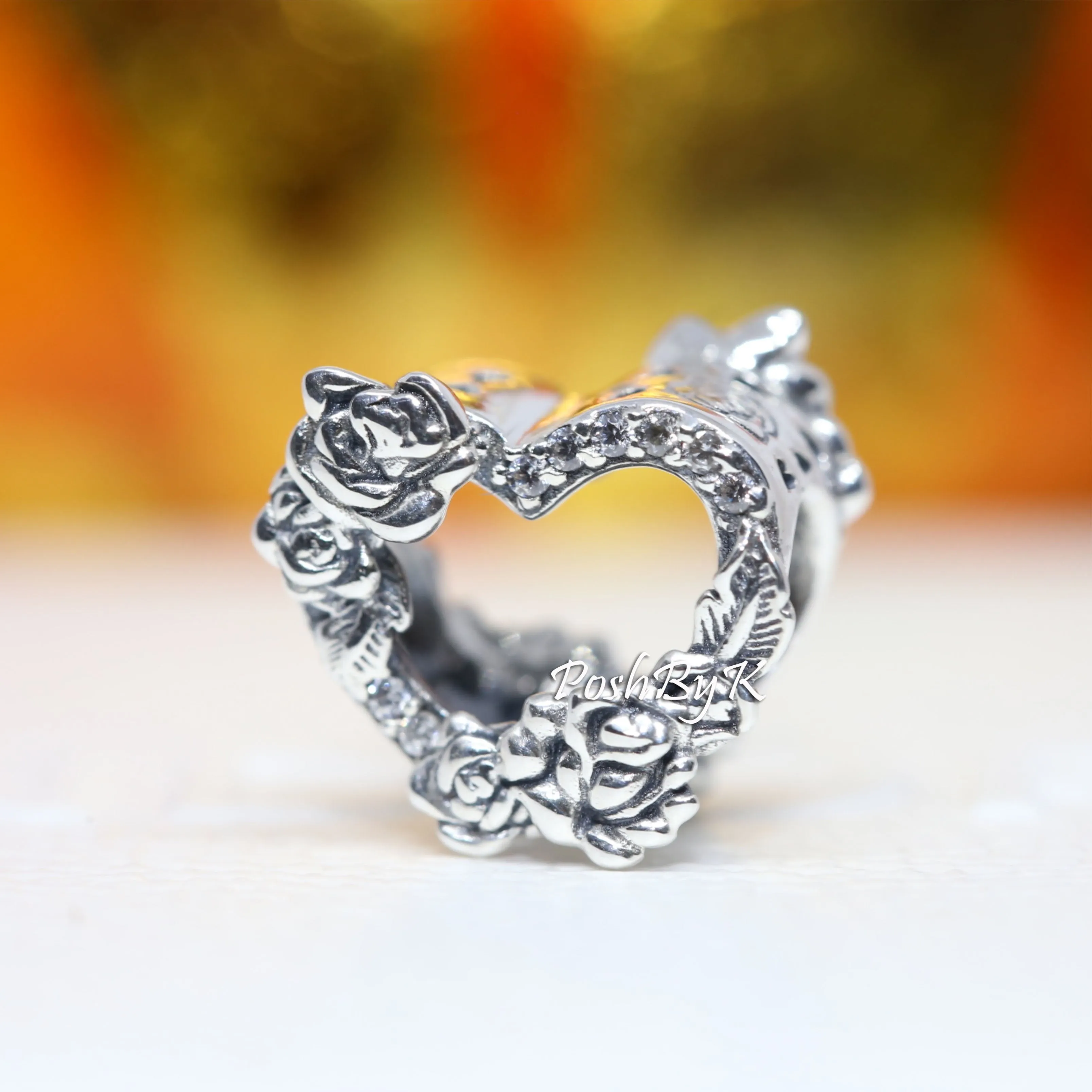 Open Heart & Rose Flowers Charm 799281C01