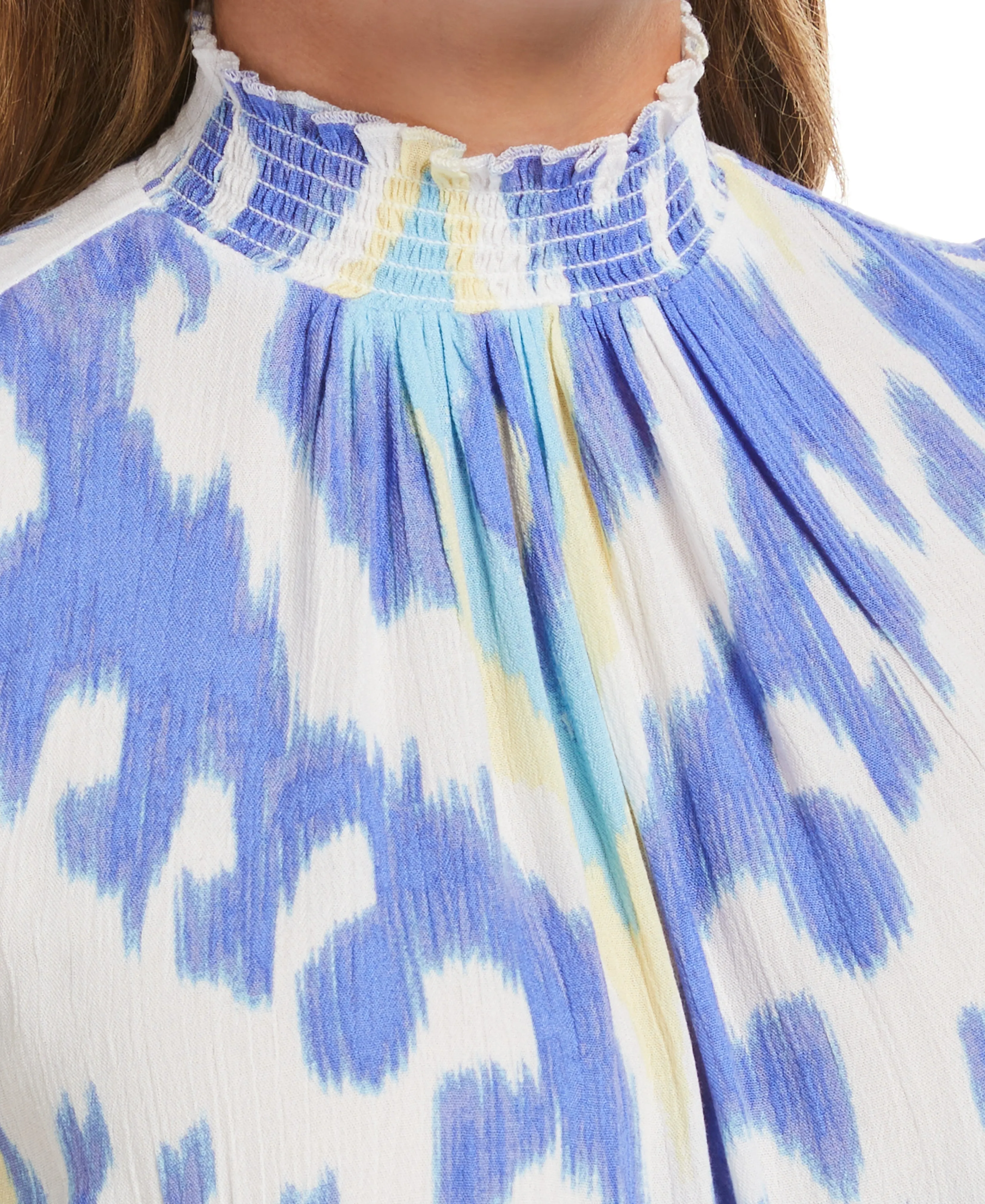 Petite Ikat Print Smocked Neck Top