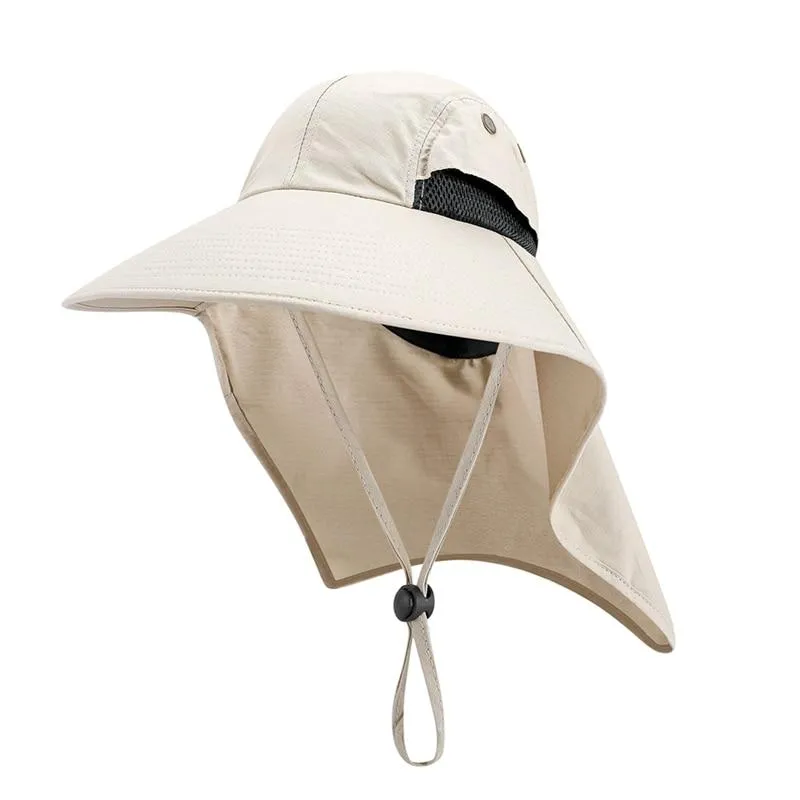 Portable Wide Brim Lightweight Water Resistant UV Protection Neck Cover Flap Cap with Chin Strap