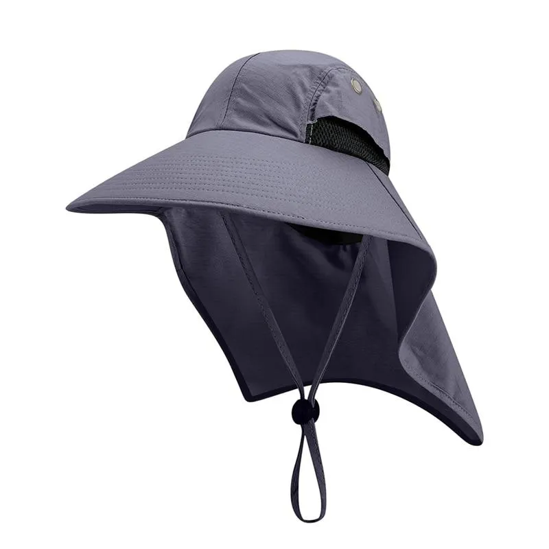 Portable Wide Brim Lightweight Water Resistant UV Protection Neck Cover Flap Cap with Chin Strap