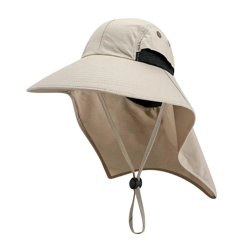 Portable Wide Brim Lightweight Water Resistant UV Protection Neck Cover Flap Cap with Chin Strap