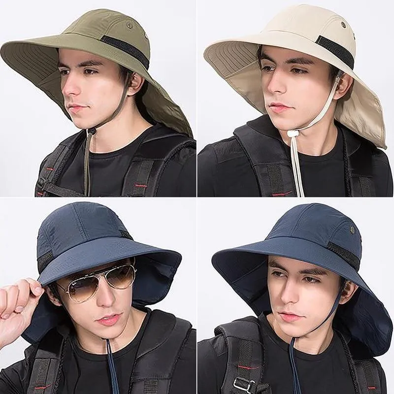 Portable Wide Brim Lightweight Water Resistant UV Protection Neck Cover Flap Cap with Chin Strap