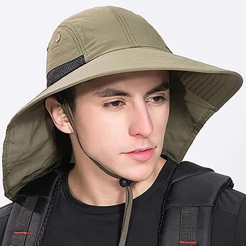 Portable Wide Brim Lightweight Water Resistant UV Protection Neck Cover Flap Cap with Chin Strap