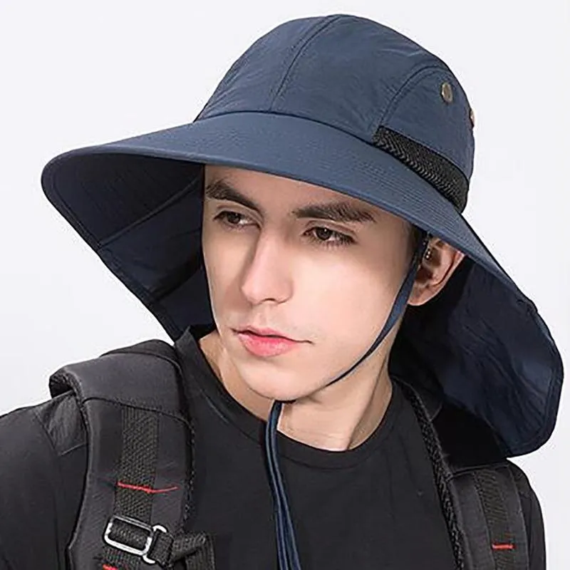 Portable Wide Brim Lightweight Water Resistant UV Protection Neck Cover Flap Cap with Chin Strap