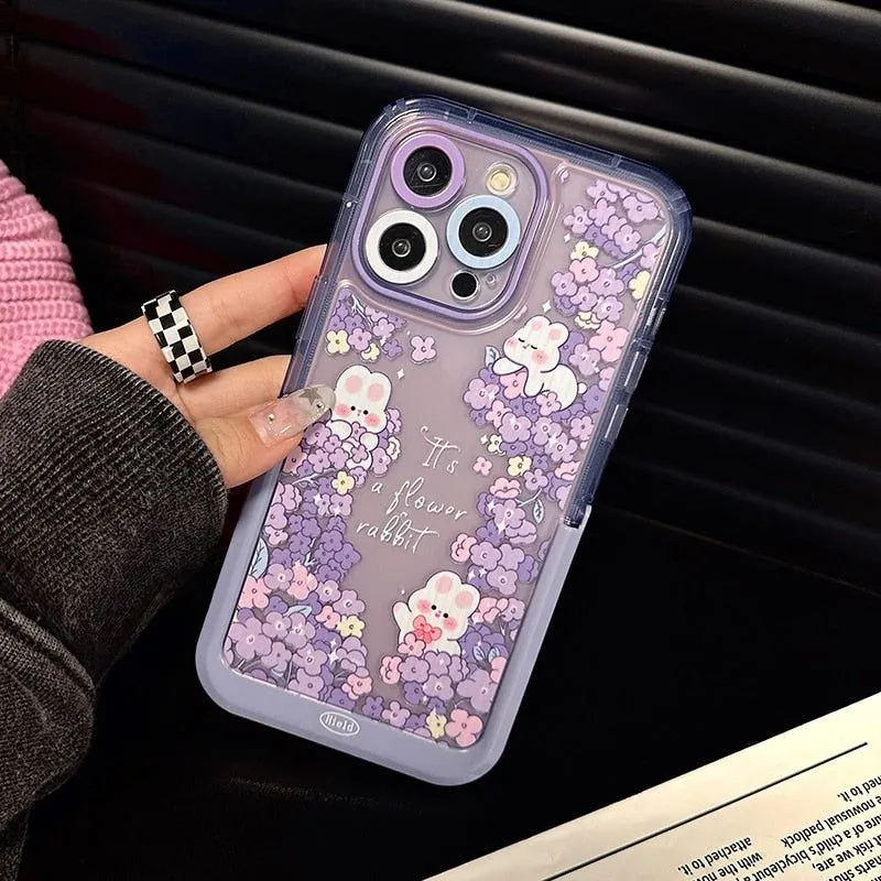 Purple Flowers Rabbit Cute Phone Cases with Stand Holder for iPhone 14 Pro Max 13 11 12 14 Plus