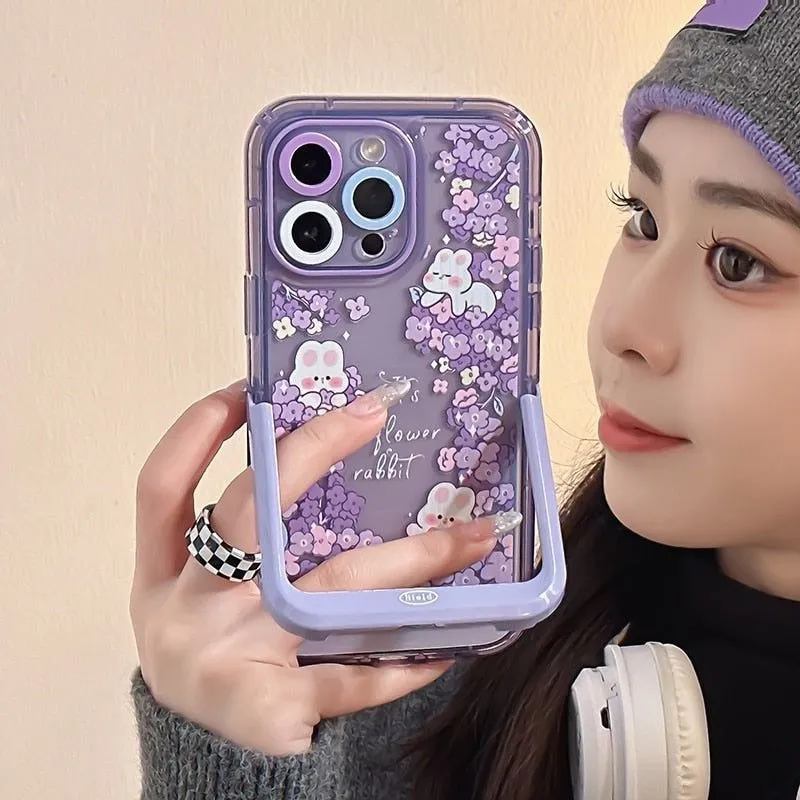 Purple Flowers Rabbit Cute Phone Cases with Stand Holder for iPhone 14 Pro Max 13 11 12 14 Plus