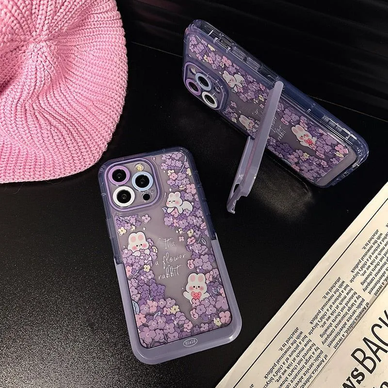 Purple Flowers Rabbit Cute Phone Cases with Stand Holder for iPhone 14 Pro Max 13 11 12 14 Plus