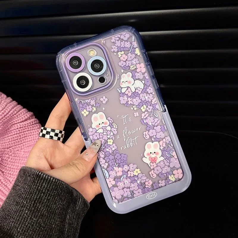 Purple Flowers Rabbit Cute Phone Cases with Stand Holder for iPhone 14 Pro Max 13 11 12 14 Plus