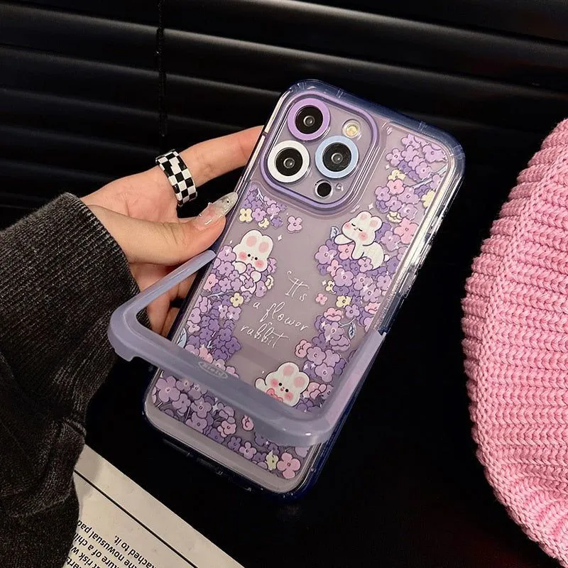 Purple Flowers Rabbit Cute Phone Cases with Stand Holder for iPhone 14 Pro Max 13 11 12 14 Plus