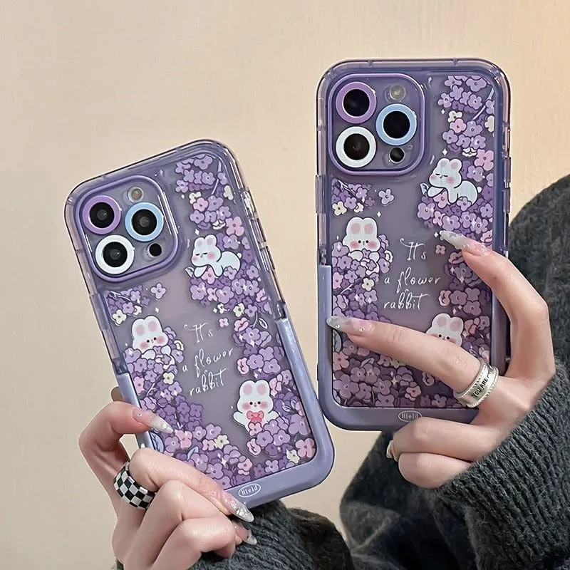 Purple Flowers Rabbit Cute Phone Cases with Stand Holder for iPhone 14 Pro Max 13 11 12 14 Plus