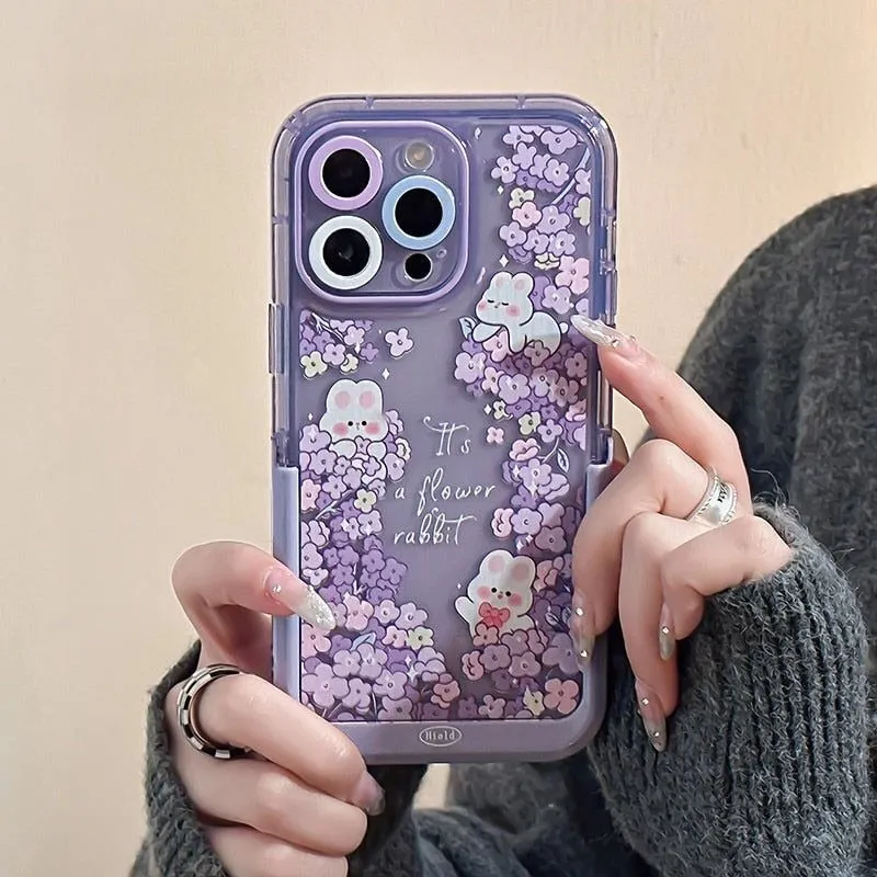 Purple Flowers Rabbit Cute Phone Cases with Stand Holder for iPhone 14 Pro Max 13 11 12 14 Plus