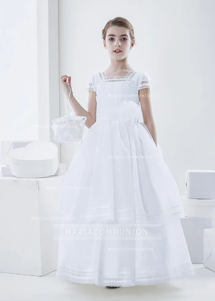 Square Neck Two Tiered Organza First Communion Dress With Flower At Waist